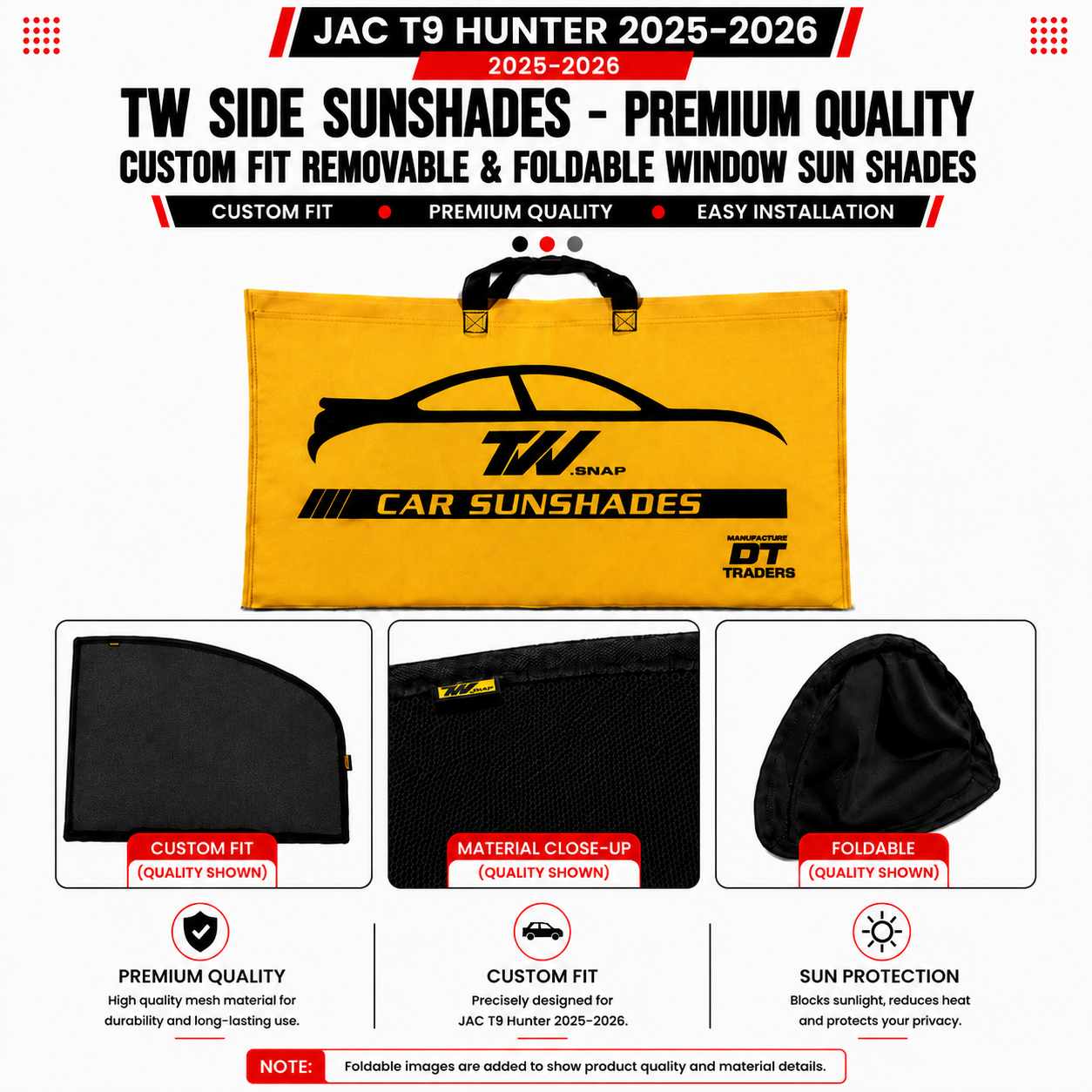 JAC T9 Hunter 2025–2026 TW Side Sunshades – Premium Quality Custom Fit Removable & Foldable Window Sun Shades
