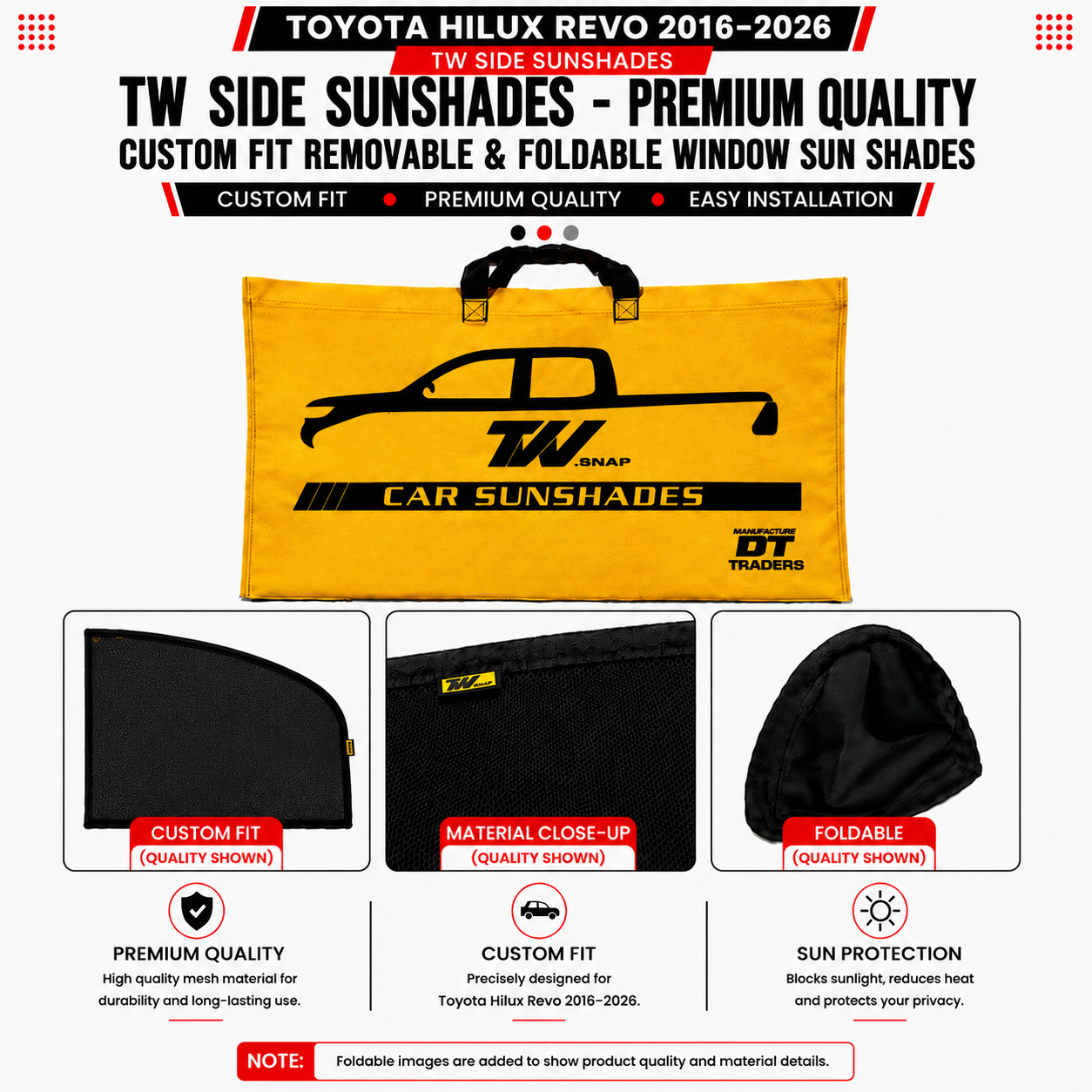 Toyota Hilux Revo 2016–2026 TW Side Sunshades – Premium Quality Custom Fit Removable & Foldable Window Sun Shades