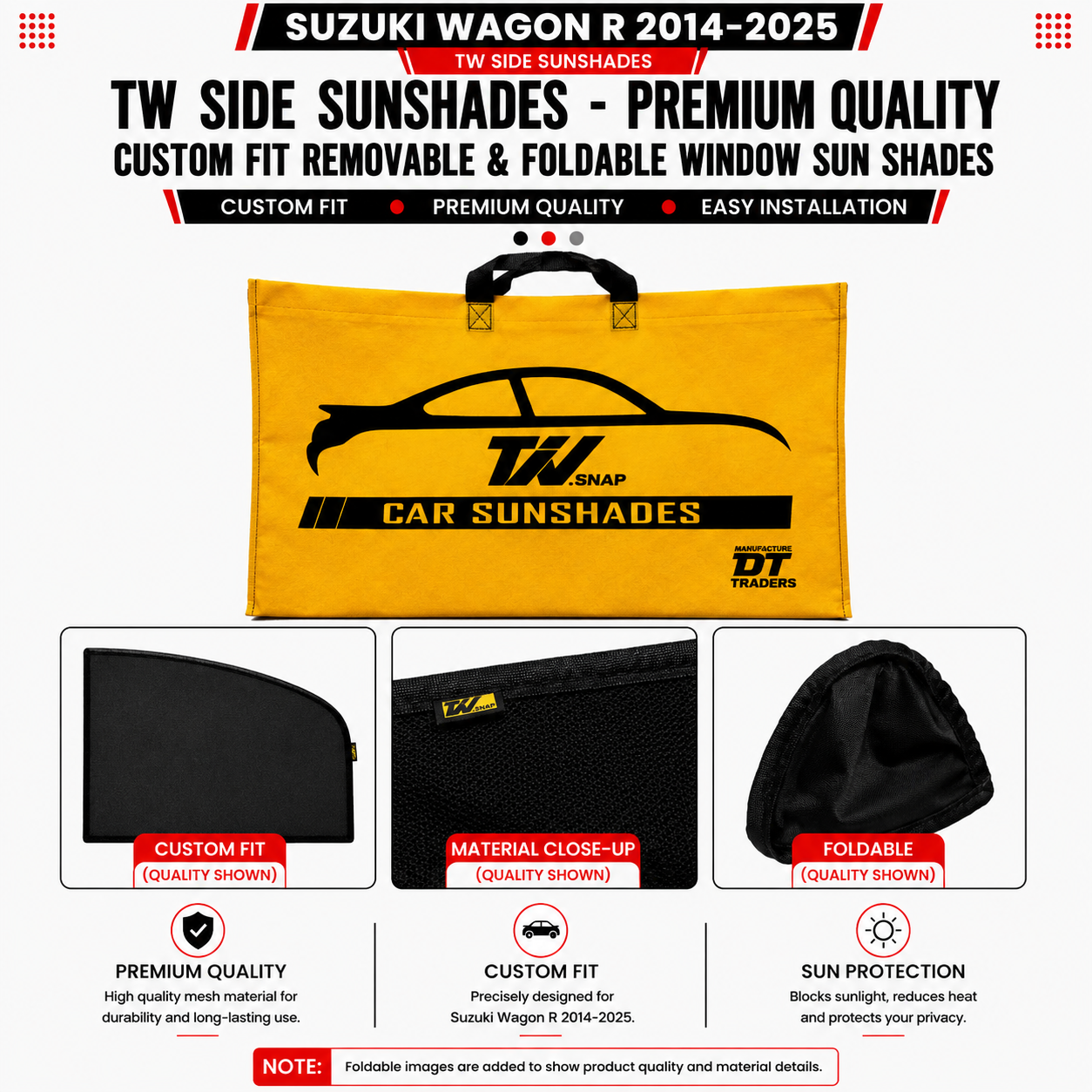 Suzuki Wagon R 2014–2025 TW Side Sunshades – Premium Quality Custom Fit Removable & Foldable Window Sun Shades