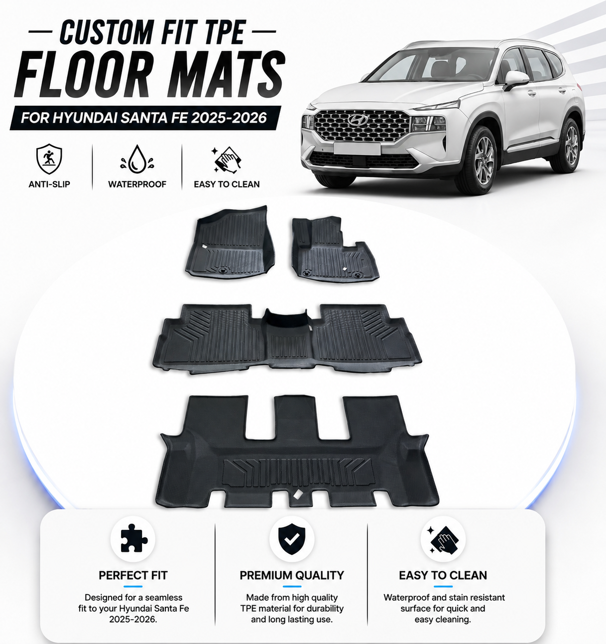 Custom Fit TPE Floor Mats for Hyundai Santa Fe 2025-2026 – Anti-Slip & Easy to Clean