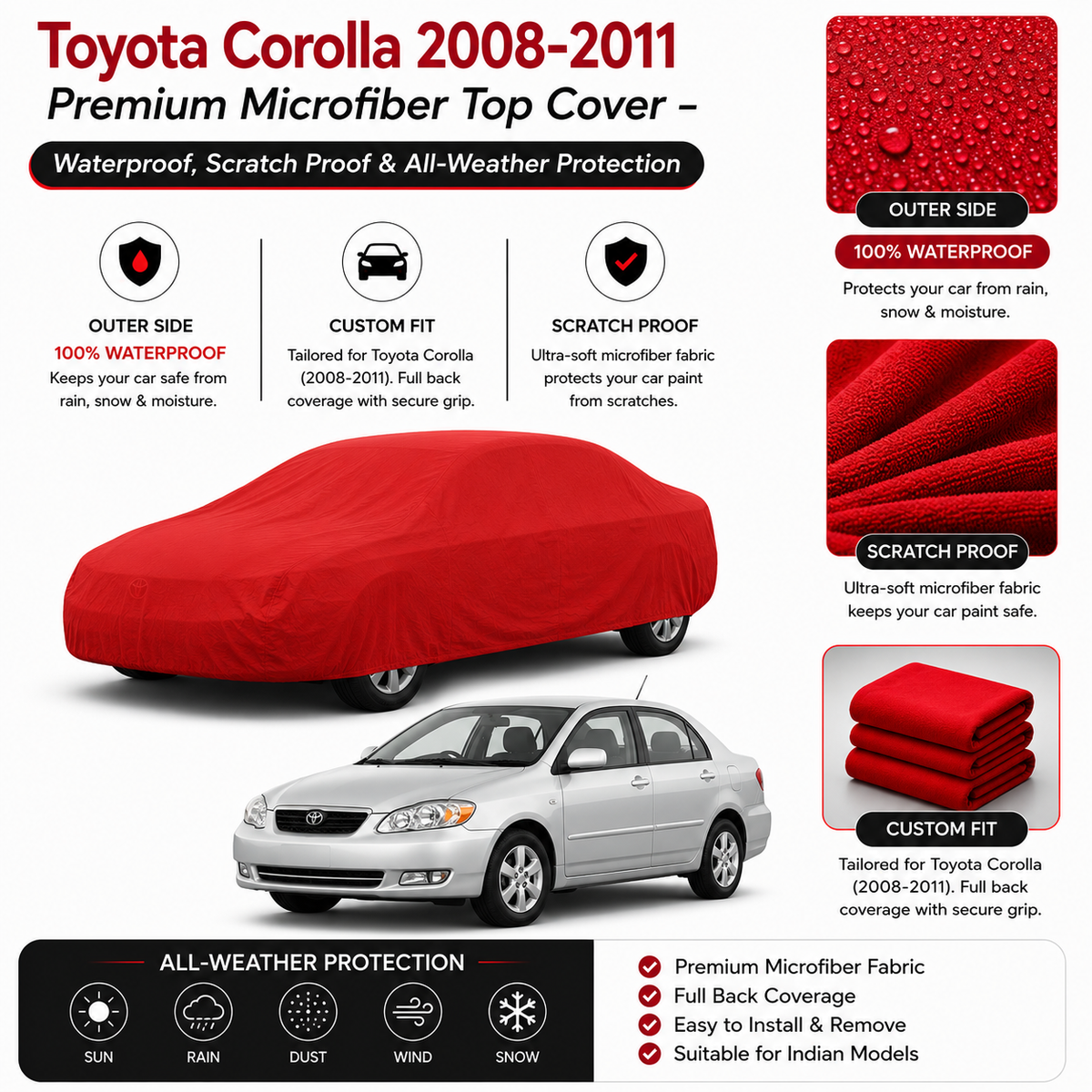 Toyota Corolla 2003-2007 Premium Microfiber Top Cover – Waterproof, Scratch Proof & All-Weather Protection