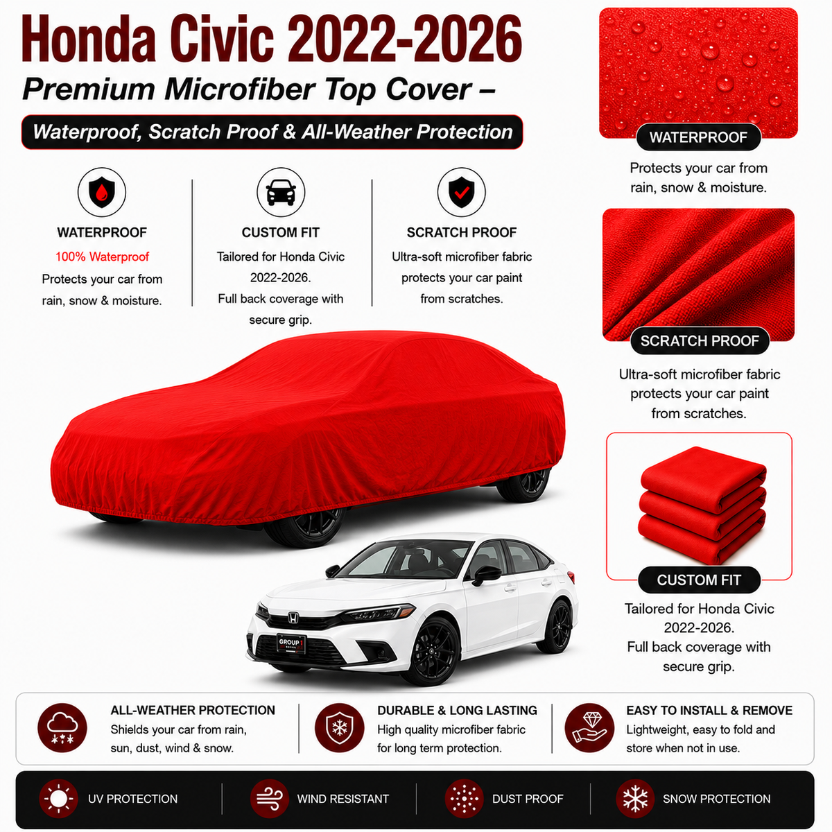 Honda Civic 2022-2026 Premium Microfiber Top Cover – Waterproof, Scratch Proof & All-Weather Protection