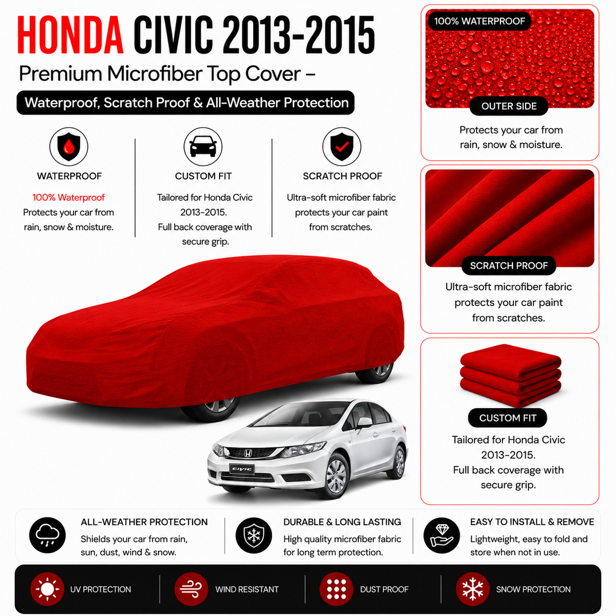 Honda Civic 2013-2015 Premium Microfiber Top Cover – Waterproof, Scratch Proof & All-Weather Protection