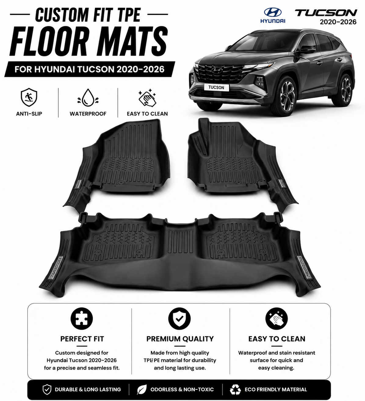 *Custom Fit TXR TPE Floor Mats for Hyundai Tucson 2020–2026 – Anti-Slip, Waterproof & Easy to Clean*