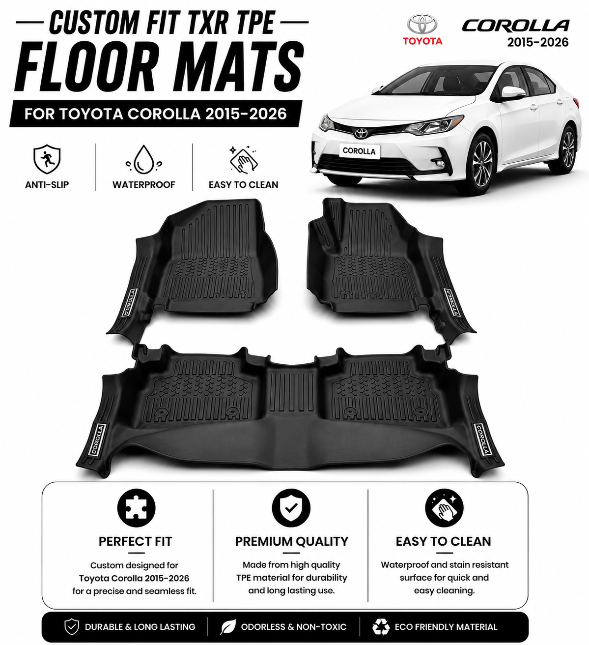 *Custom Fit TXR TPE Floor Mats for Toyota Corolla 2015–2026 – Anti-Slip, Waterproof & Easy to Clean*