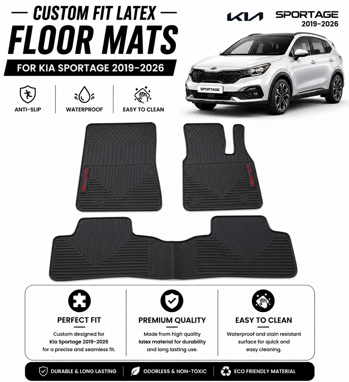 *Custom Fit Latex Floor Mats for Kia Sportage 2019–2026 – Anti-Slip, Durable & Easy to Clean*