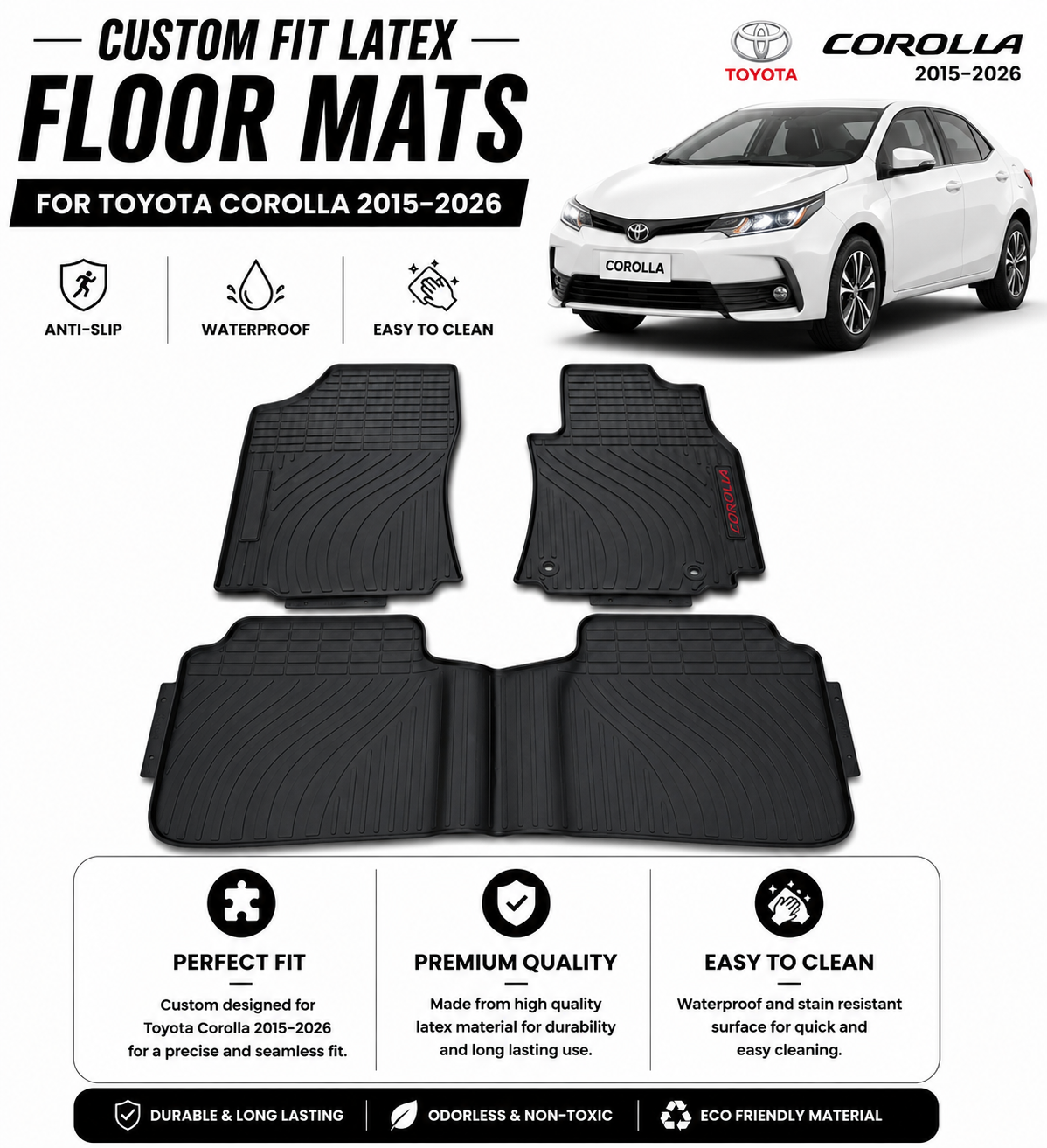 Custom Fit Latex Floor Mats for Toyota Corolla 2015–2026 – Anti-Slip, Durable & Easy to Clean