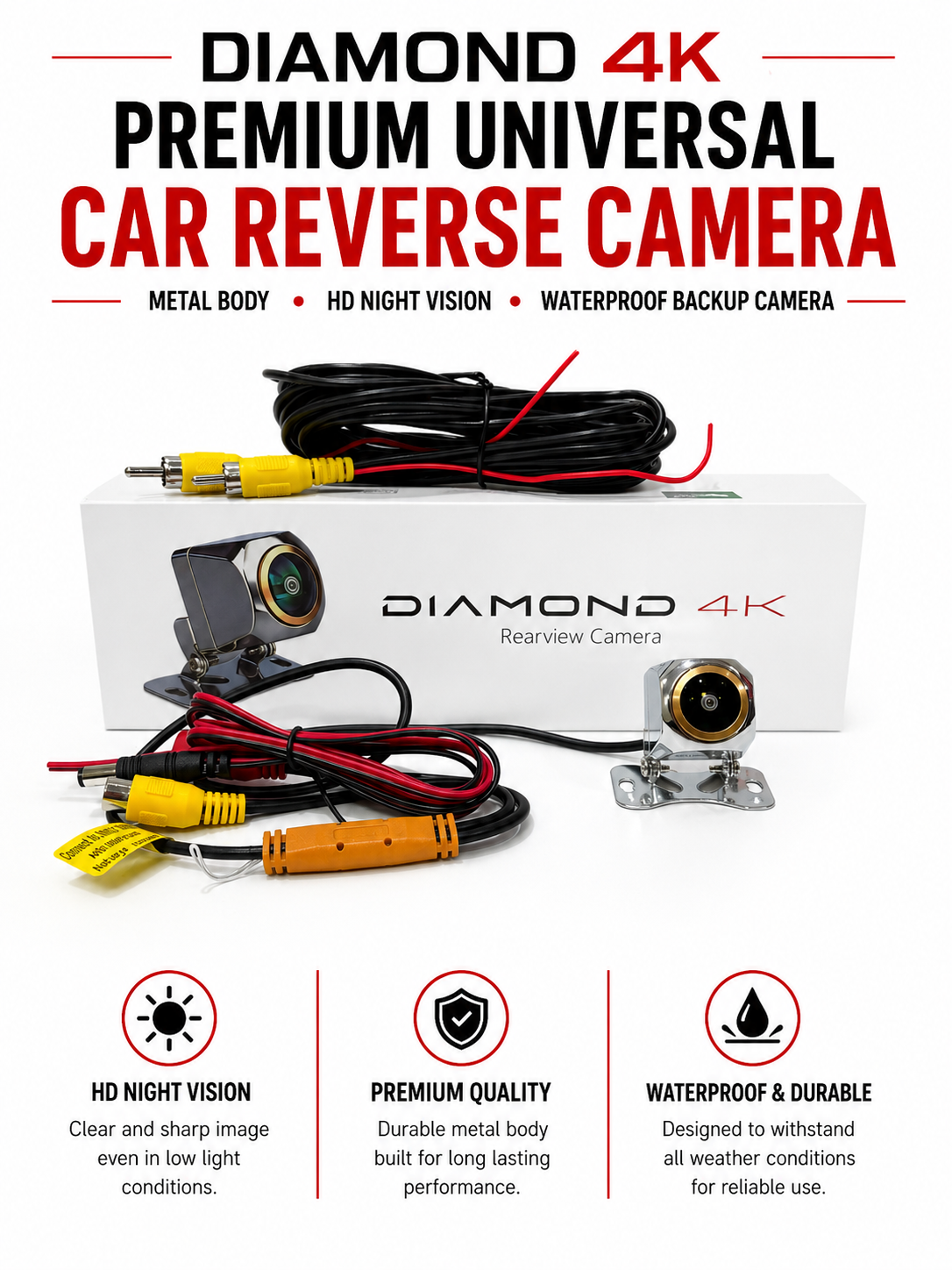 Diamond 4K Premium Universal Car Reverse Camera – Metal Body, HD Night Vision, Waterproof Backup Camera