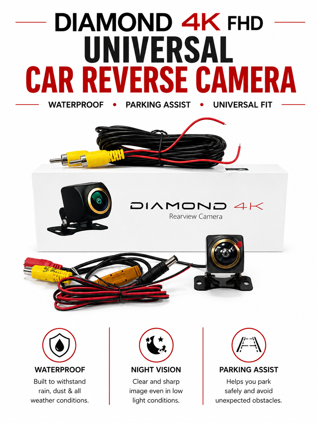 Diamond 4K FHD Universal Car Reverse Camera – Waterproof Parking Assist Camera