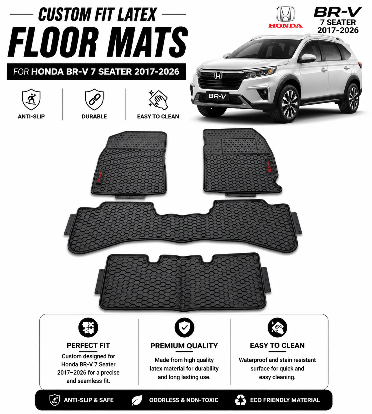 *Custom Fit Latex Floor Mats for Honda BR-V 7 Seater 2017–2026 – Anti-Slip, Durable & Easy to Clean*