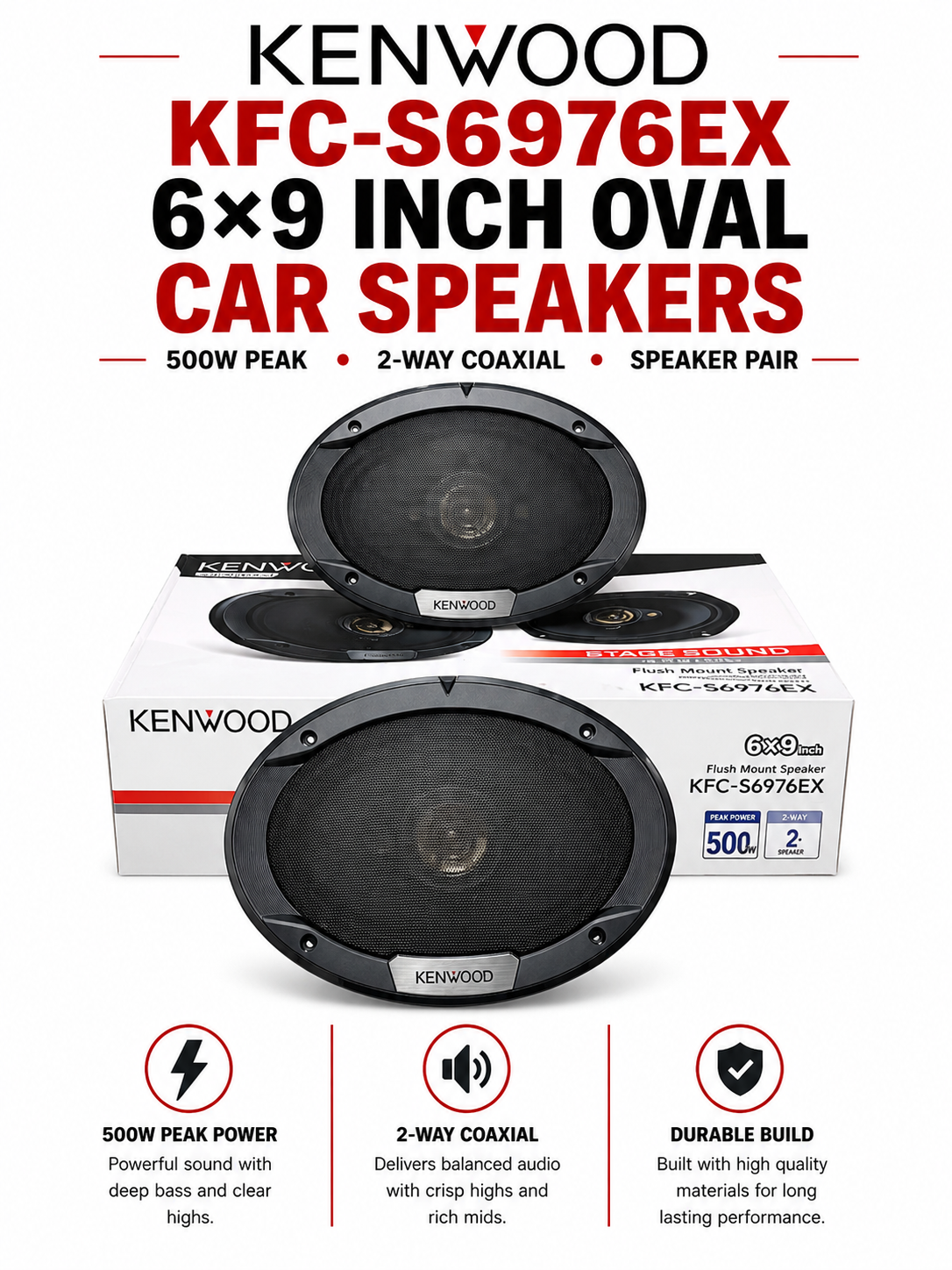 Kenwood KFC-S6976EX 6×9 Inch Oval Car Speakers – 500W Peak 2-Way Coaxial Speaker Pair