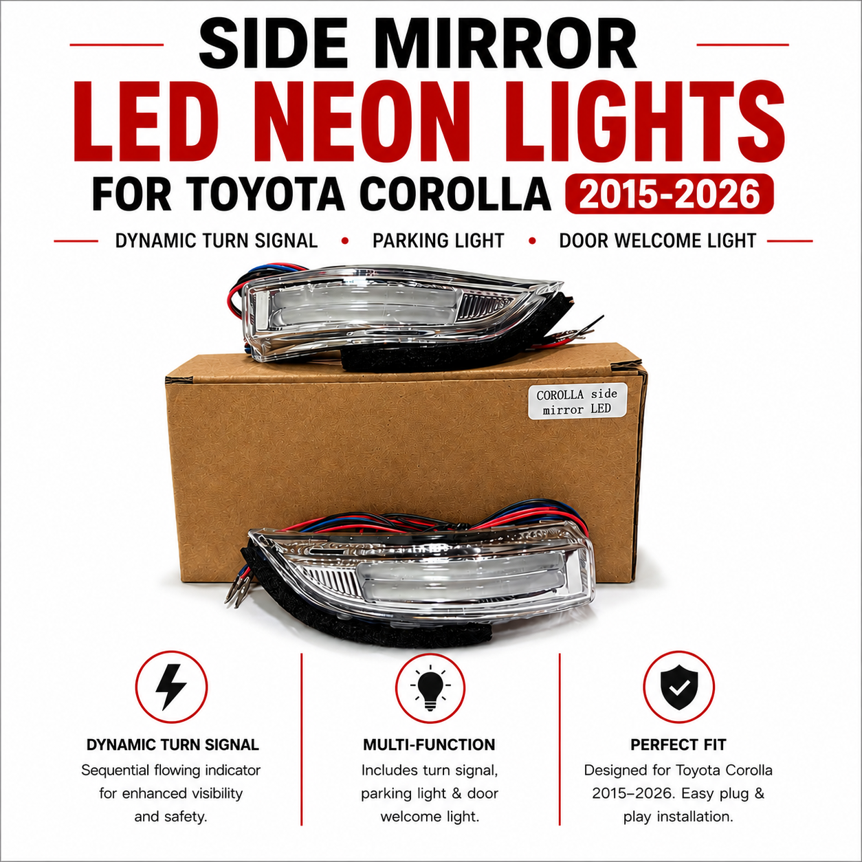 Side Mirror LED Neon Lights for Toyota Corolla 2015–2026 – Dynamic Turn Signal, Parking & Door Lights
