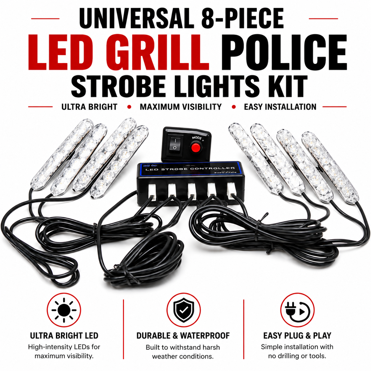 Universal 8-Piece LED Grill Police Strobe Lights Kit for Cars