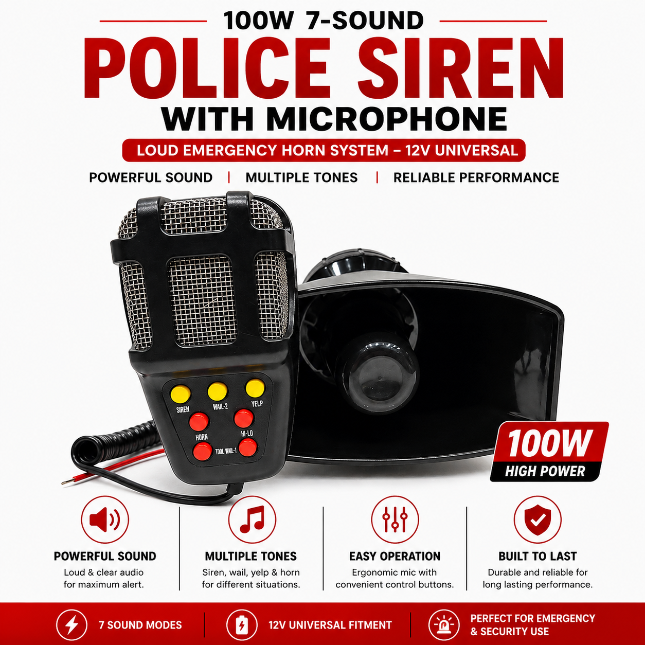 100W 7-Sound Police Siren with Microphone – Loud Emergency Horn System – 12V Universal