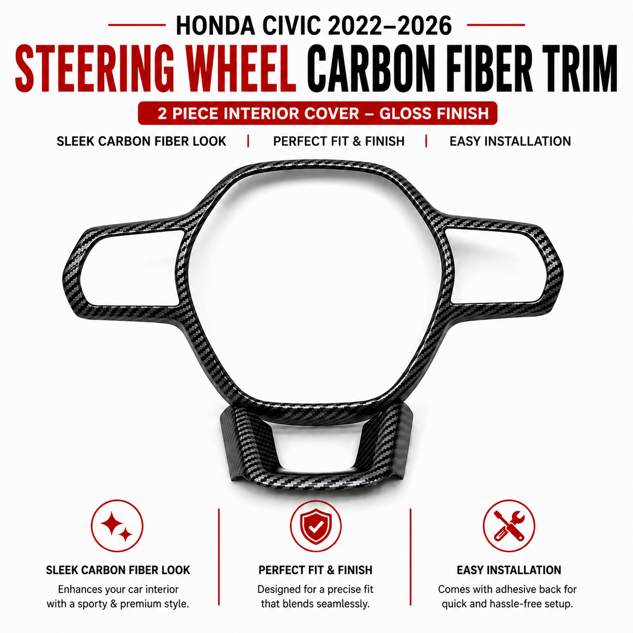 Honda Civic 2022–2026 Steering Wheel Carbon Fiber Trim – 2 Piece Interior Cover – Gloss Finish