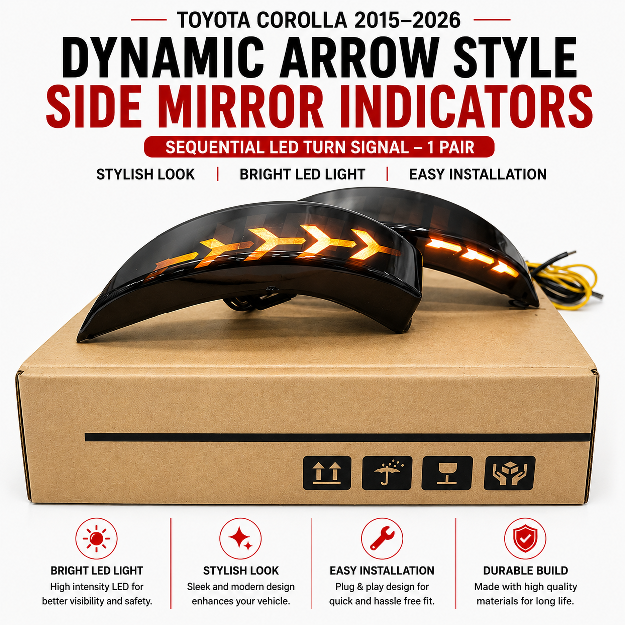 Toyota Corolla 2015–2026 Dynamic Arrow Style Side Mirror Indicators – Sequential LED Turn Signal – 1 Pair
