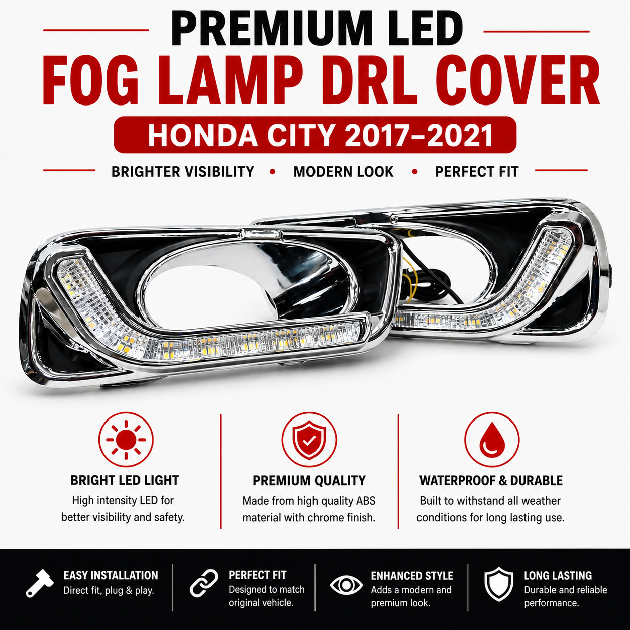 Honda City 2017–2021 Front Fog Light DRL Covers – LED Daytime Running Light Trim – 1 Pair