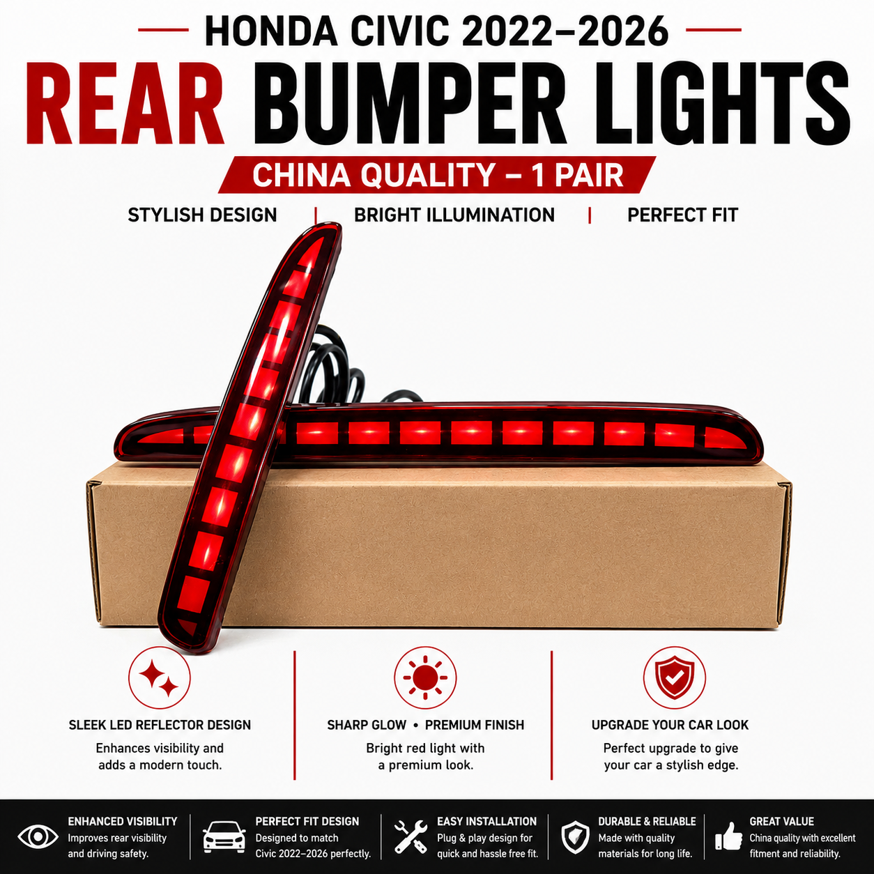 Honda Civic 2022–2026 Rear Bumper Lights – China Quality Tail Lamp Set – 1 Pair