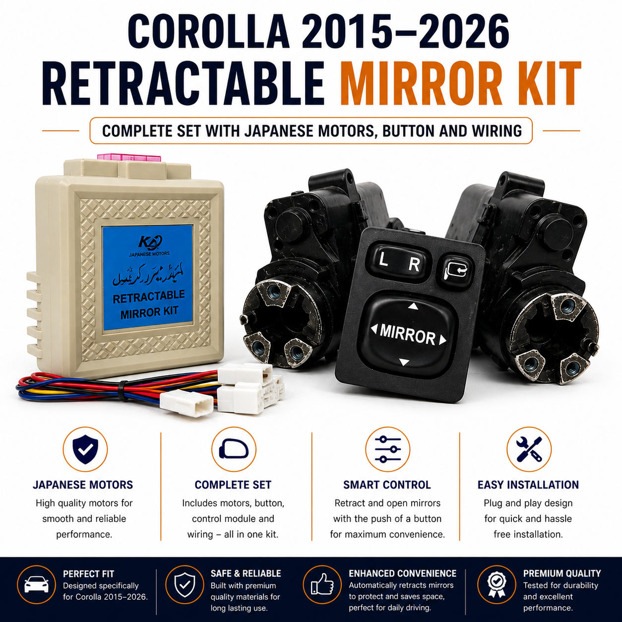 Corolla 2015-2026 Retractable Mirror Kit Complete Set With japanese Motors, Button And Wiring