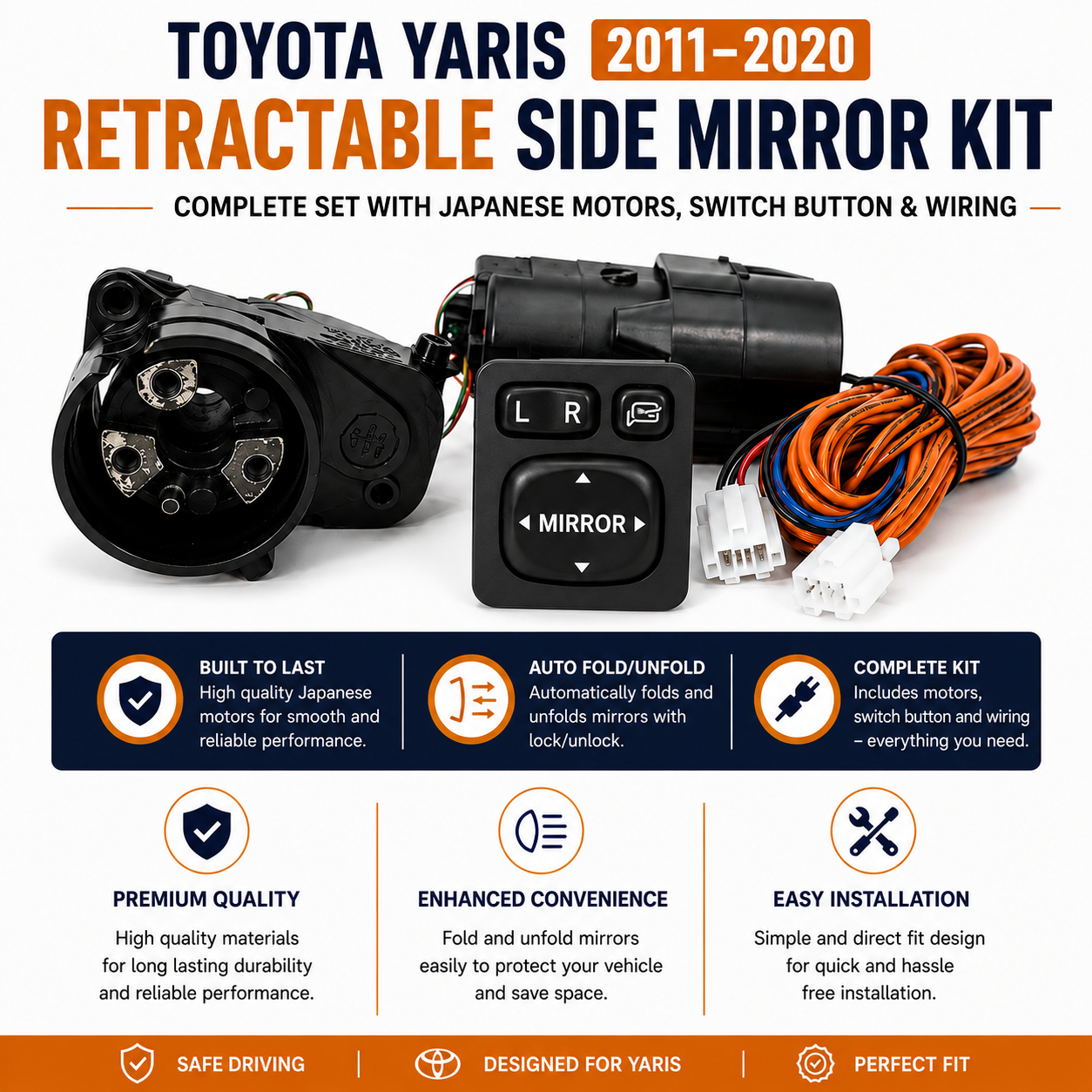 Toyota Yaris Retractable Side Mirror Kit Complete Set – Japanese Motors with Switch Button & Wiring