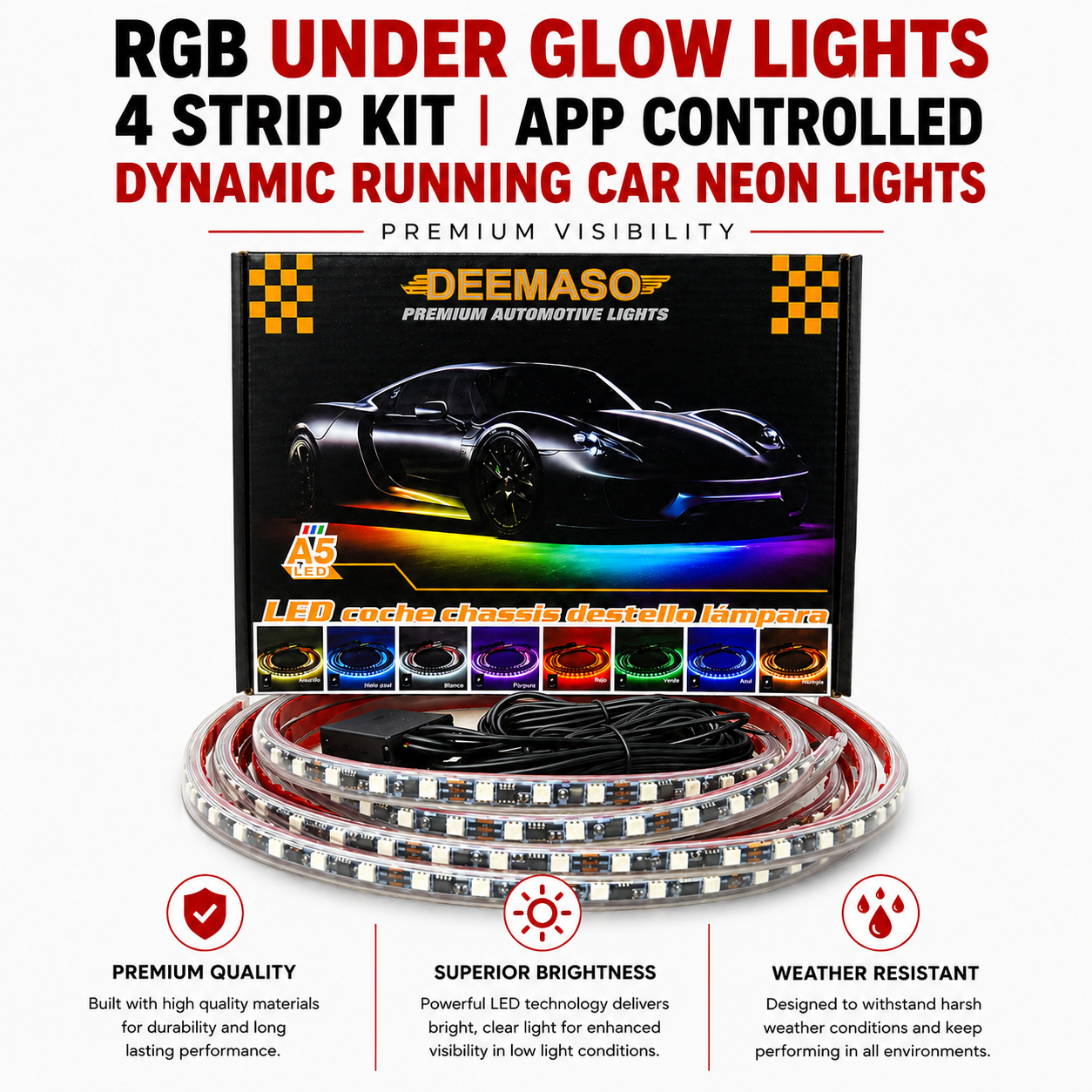 RGB Under Glow Lights 4 Strip Kit | App Controlled Dynamic Running Car Neon Lights