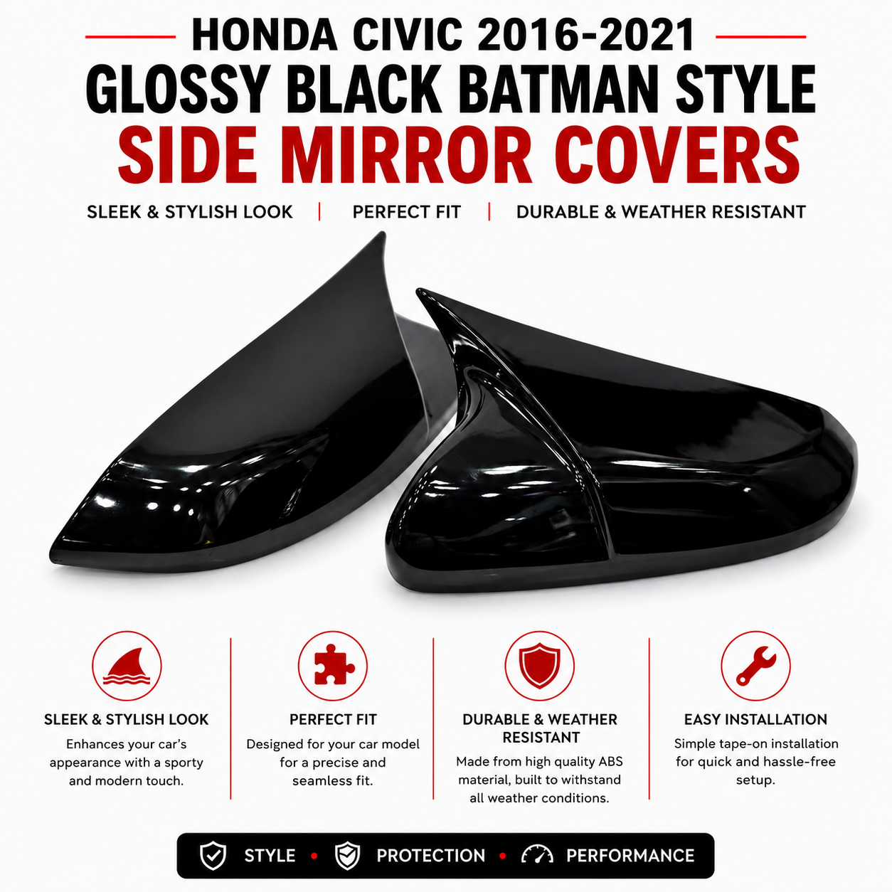 Honda Civic 2016–2021 Glossy Black Batman Style Side Mirror Covers