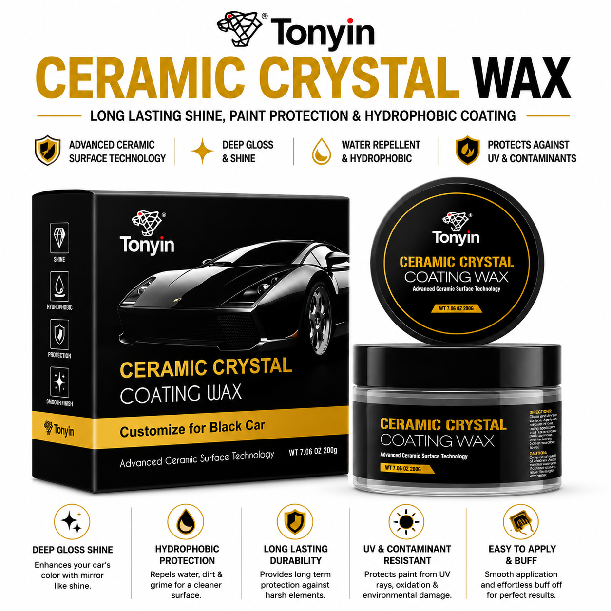 Tonyin Ceramic Crystal Wax for Cars – Long Lasting Shine, Paint Protection & Hydrophobic Coating