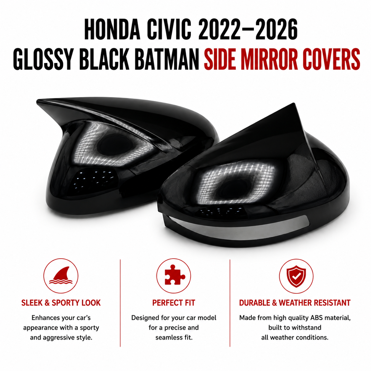 Honda Civic 2022–2026 Glossy Black Batman Side Mirror Covers | Premium ABS | Pair