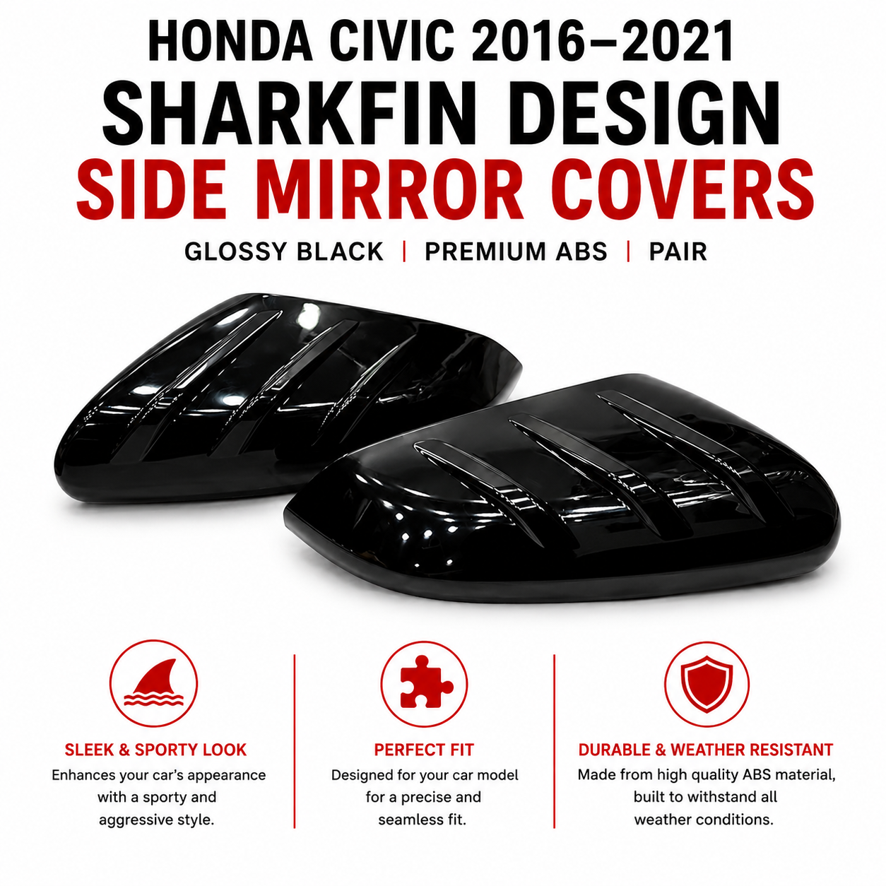 Honda Civic 2016–2021 Sharfin Design Side Mirror Covers | Glossy Black | Premium ABS | Pair