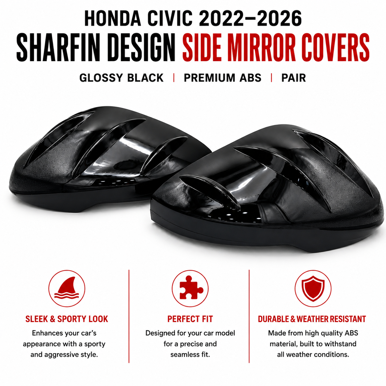 Honda Civic 2022–2026 Sharfin Design Side Mirror Covers | Glossy Black | Premium ABS | Pair