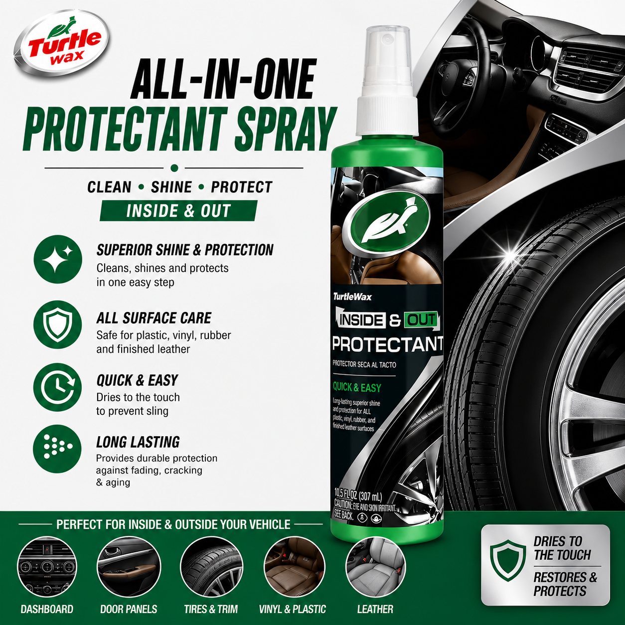 Inside & Out Protectant 307ml | UV Protection | Dashboard, Trim & Plastic Restorer