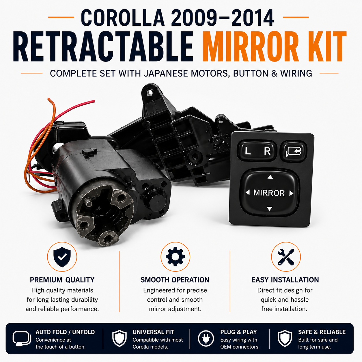 Corolla 2009-2014 Retractable Mirror Kit Complete Set With japanese Motors, Button And Wiring
