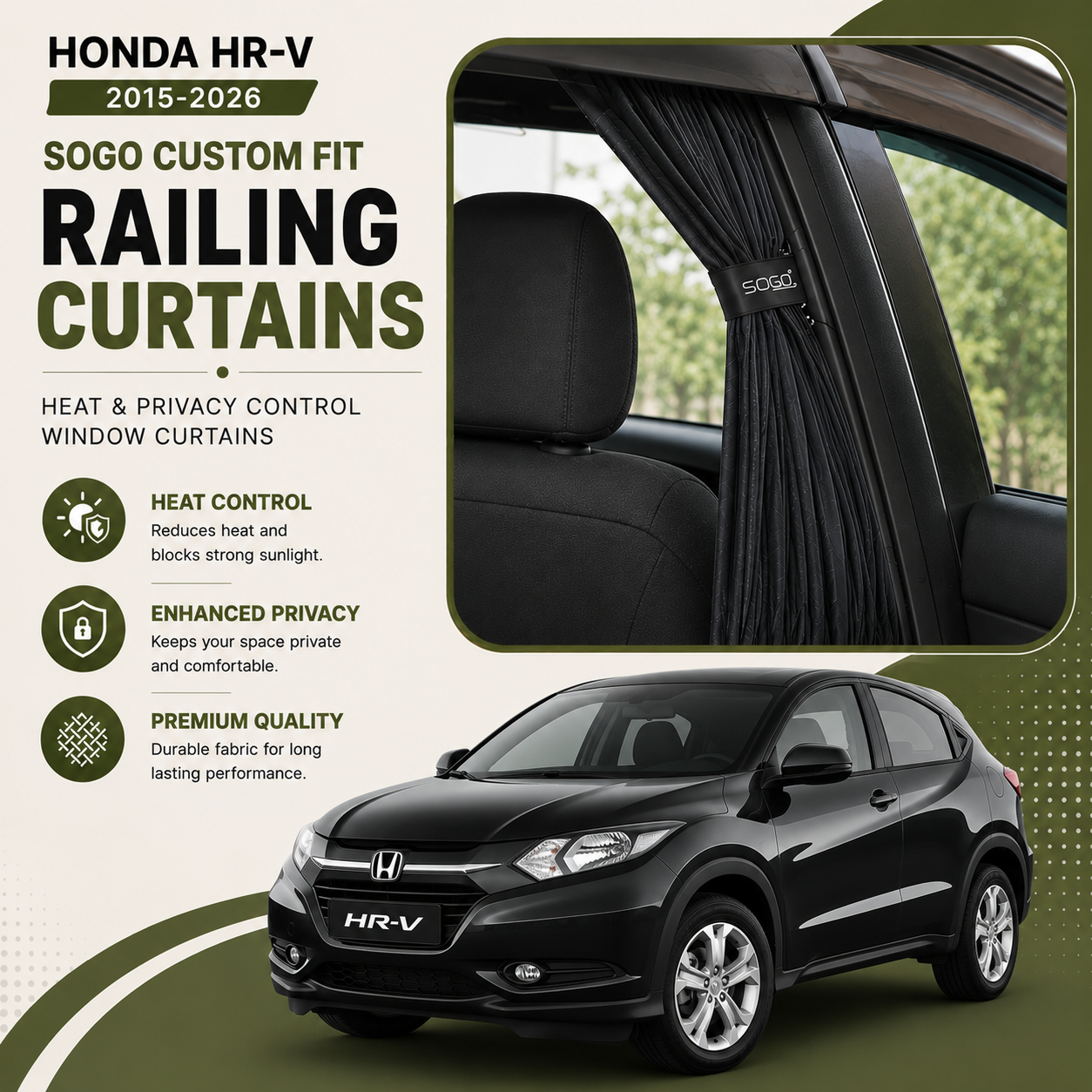 Honda HR-V SOGO Custom Fit Railing Curtains | Heat & Privacy Control Window Curtains