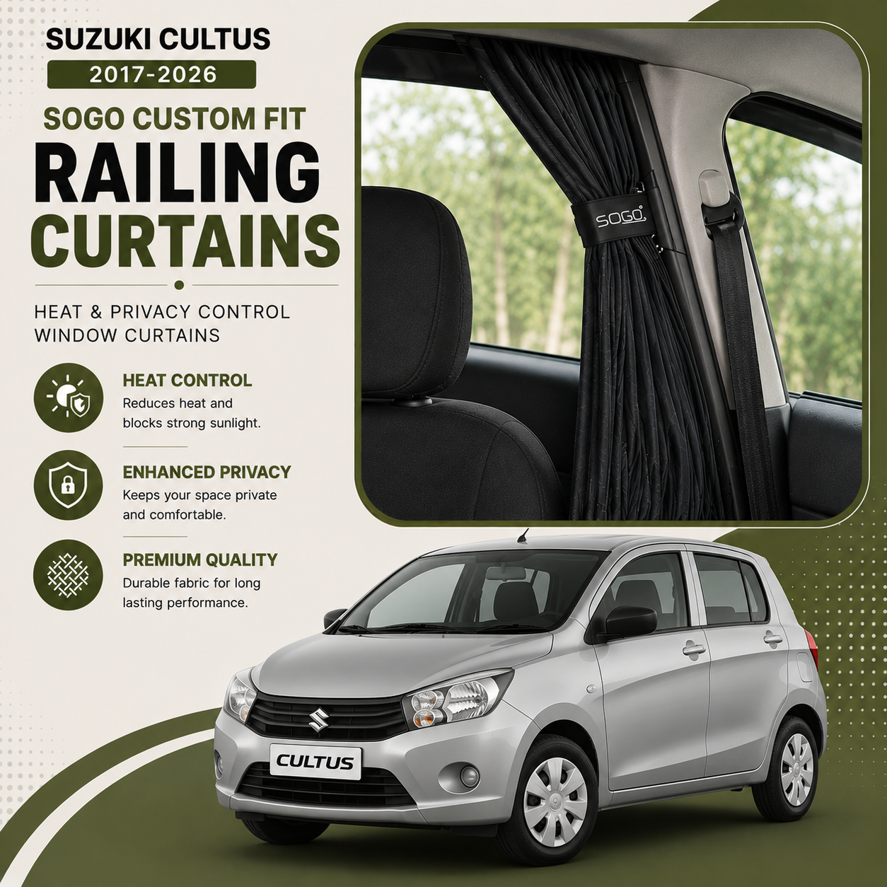 Suzuki Cultus 2017-2026 SOGO Custom Fit Railing Curtains | Heat & Privacy Control Window Curtains