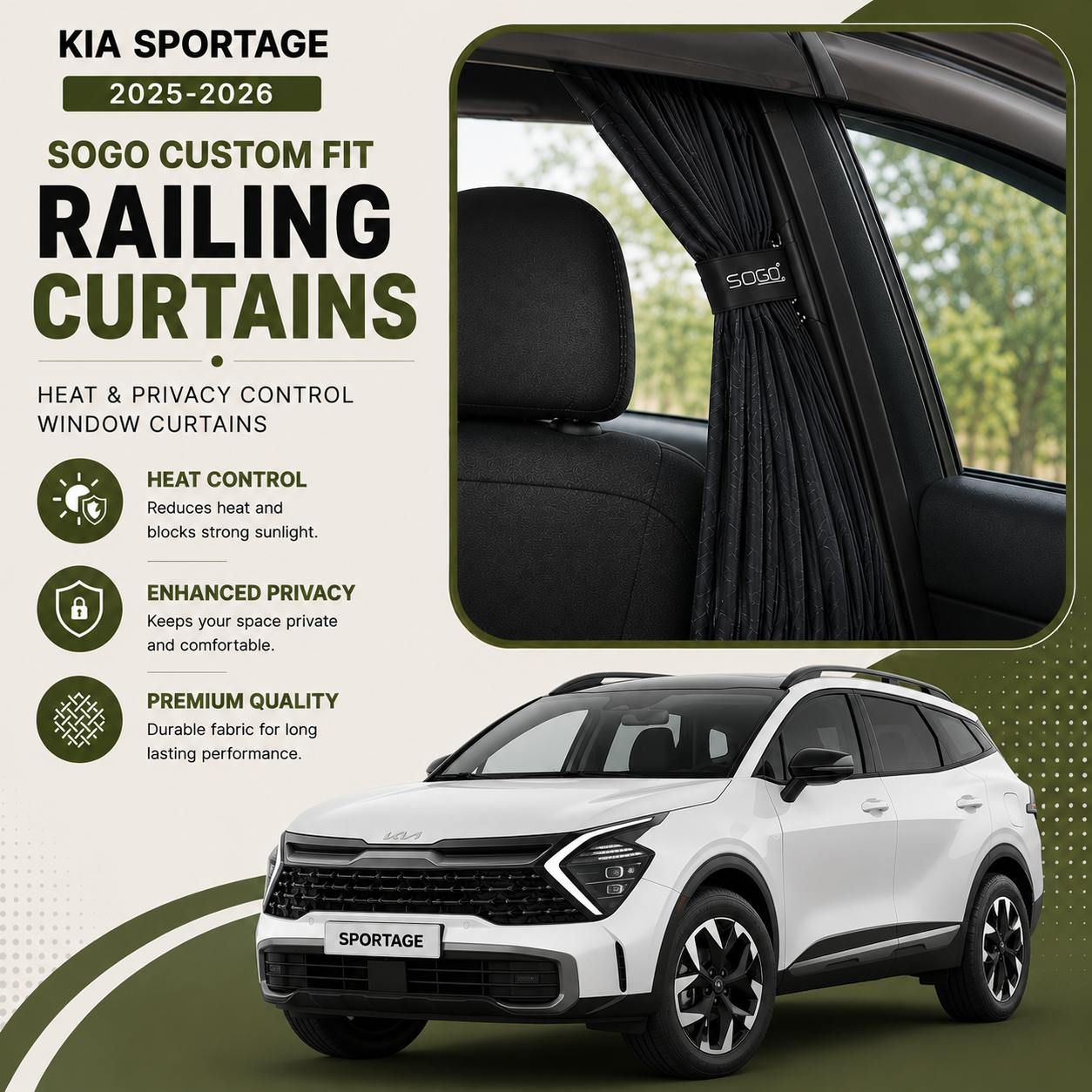 Kia Sportage 2025-2026 SOGO Custom Fit Railing Curtains | Heat & Privacy Control Window Curtains