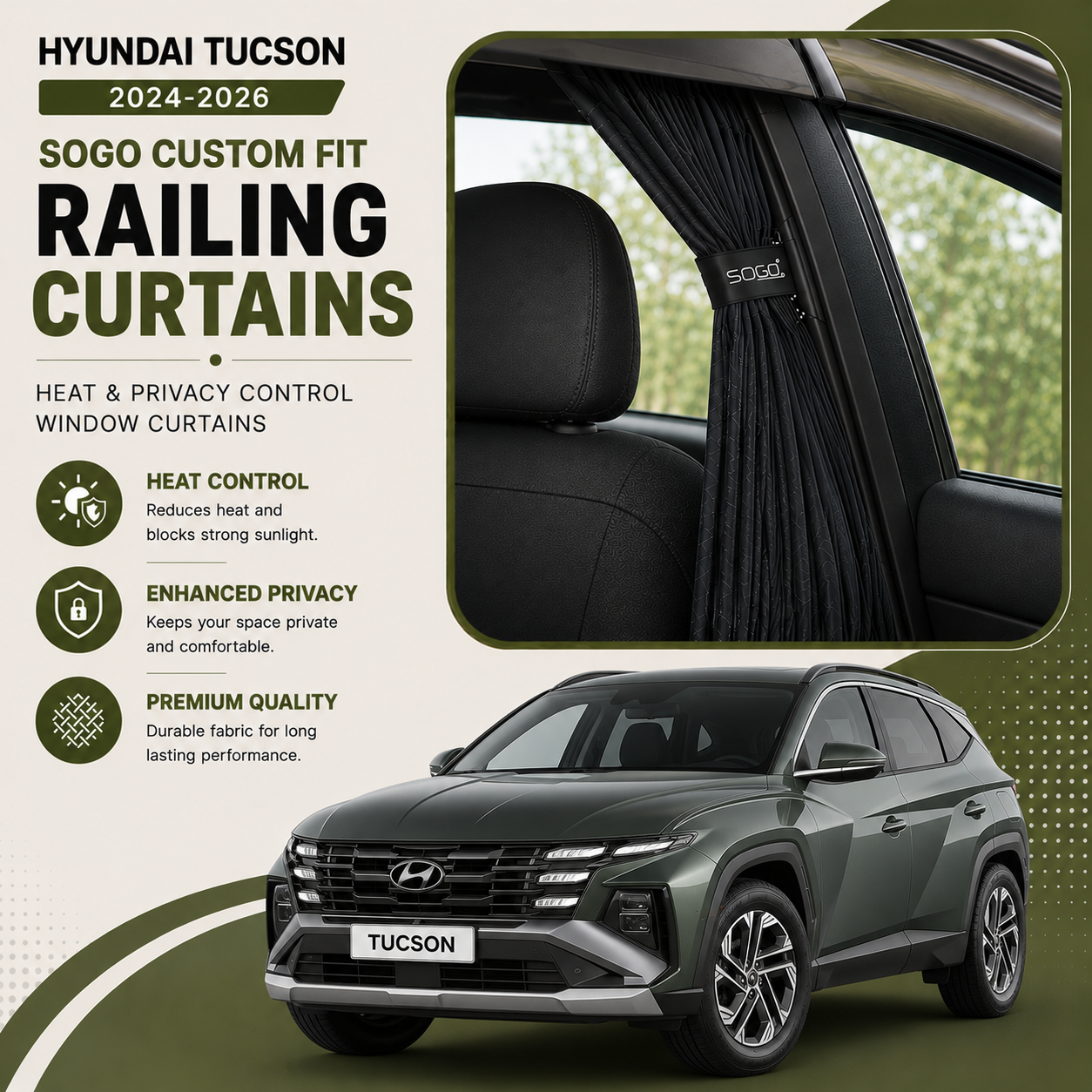 Hyundai Tucson 2024-2026 SOGO Custom Fit Railing Curtains | Heat & Privacy Control Window Curtains