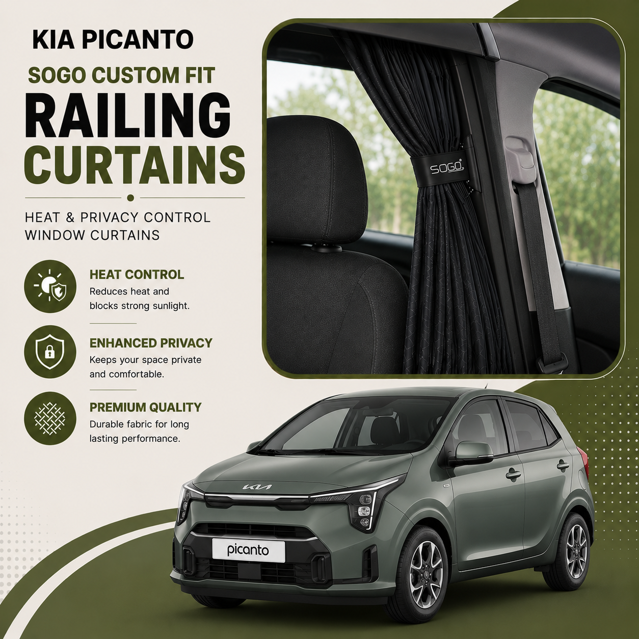 Kia Picanto SOGO Custom Fit Railing Curtains | Heat & Privacy Control Window Curtains