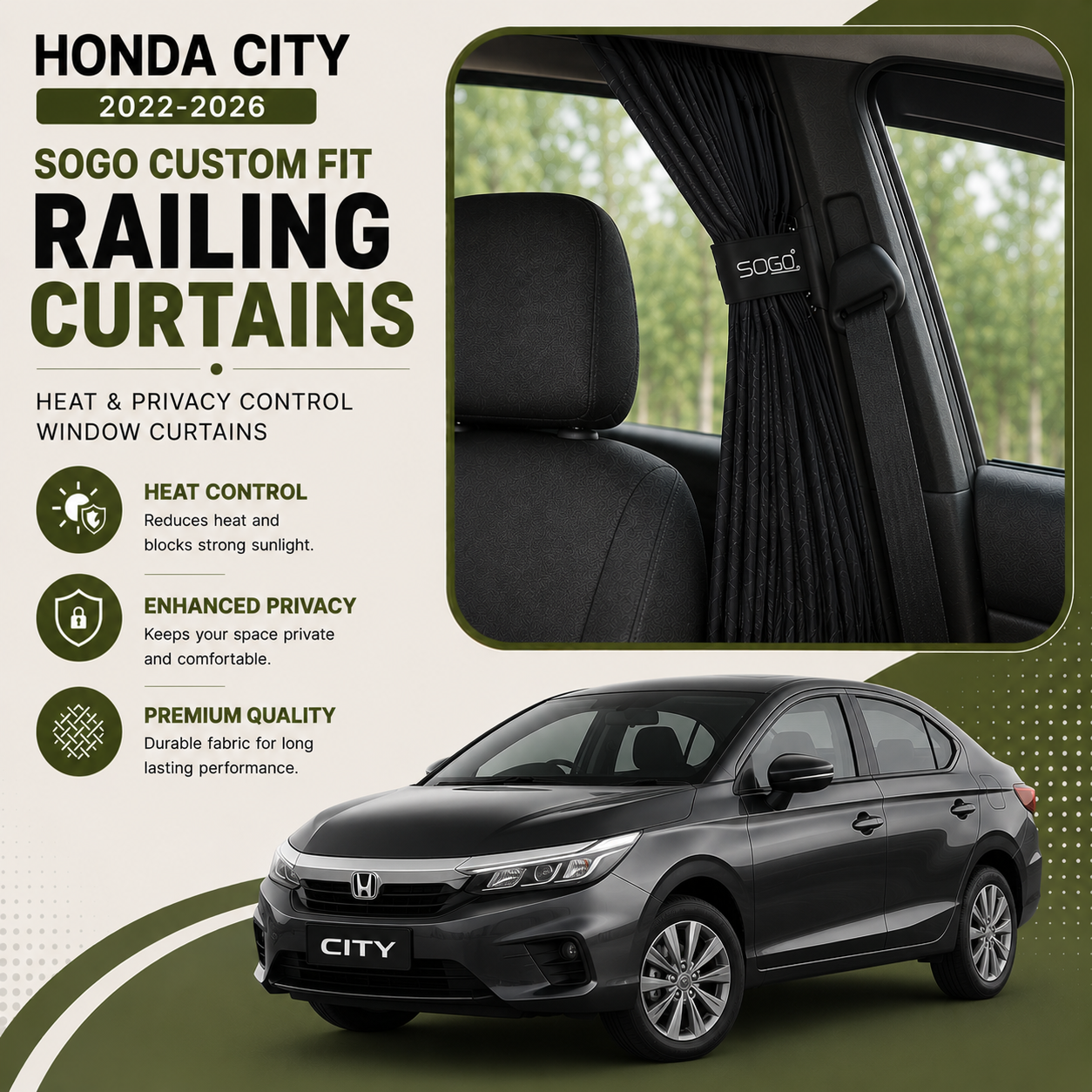 Honda City 2022-2026 SOGO Custom Fit Railing Curtains | Heat & Privacy Control Window Curtains