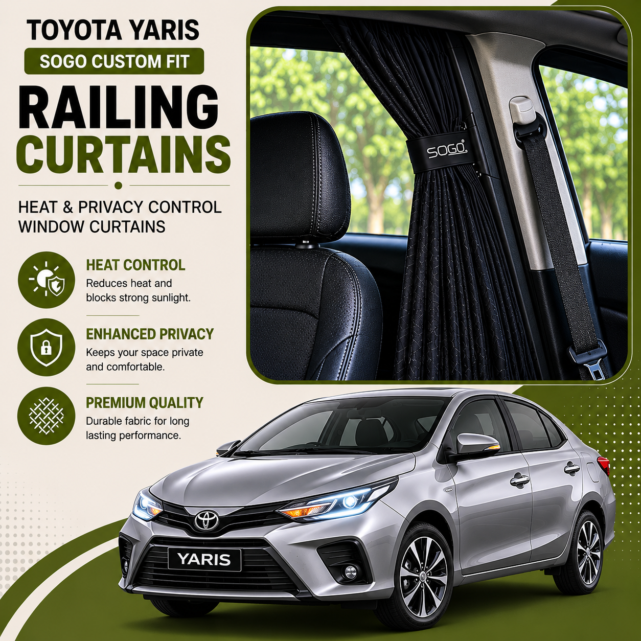 Toyota Yaris SOGO Custom Fit Railing Curtains | Heat & Privacy Control Window Curtains