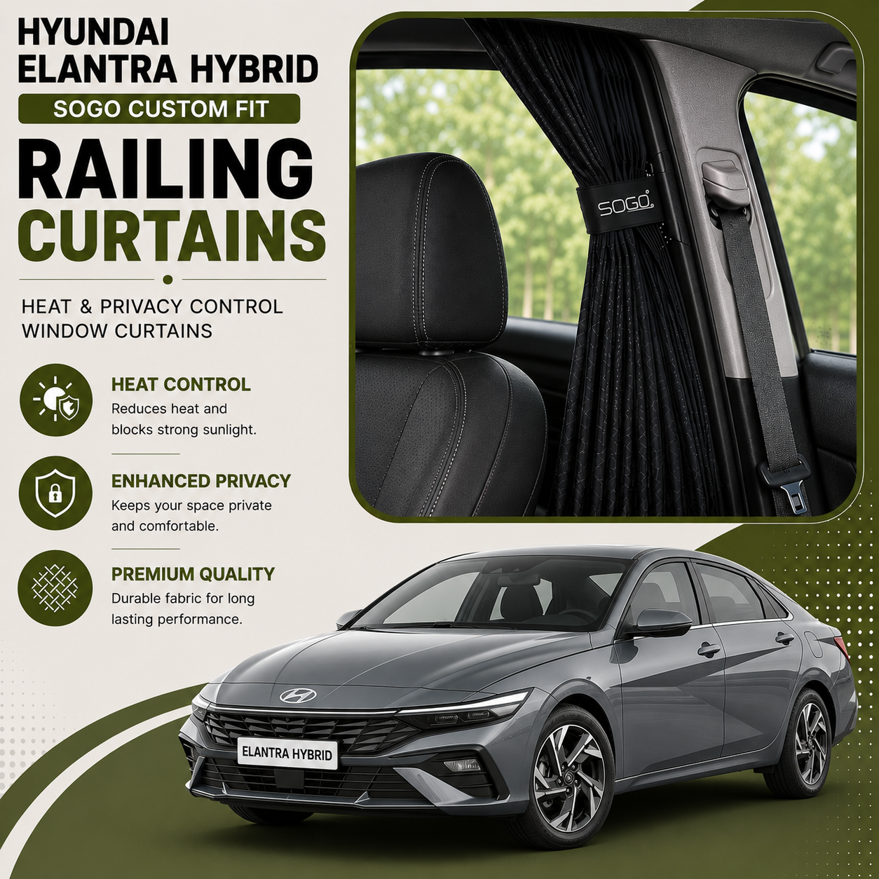 Hyundai Elantra Hybrid SOGO Custom Fit Railing Curtains | Heat & Privacy Control Window Curtains