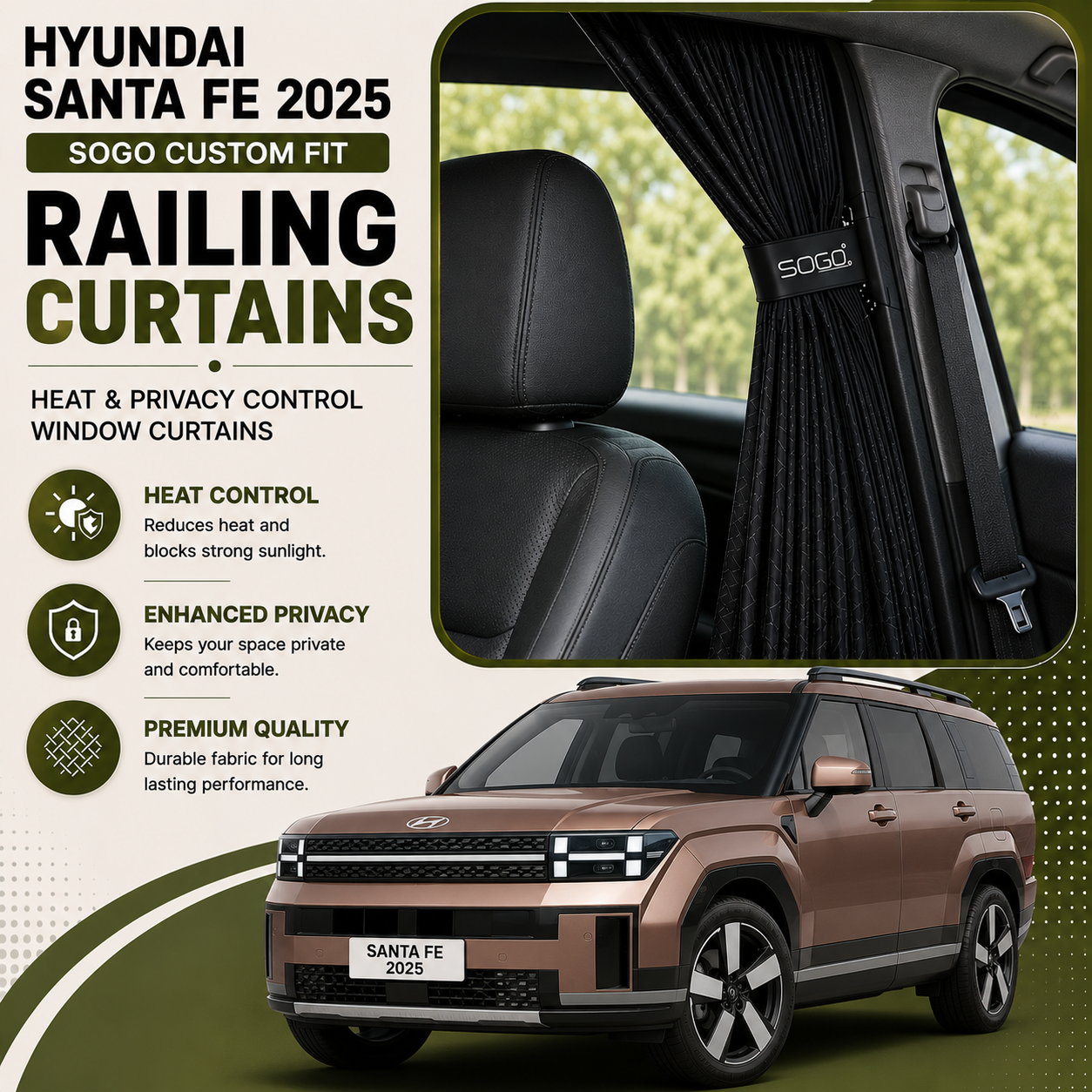 Hyundai Santa Fe 2025 SOGO Custom Fit Railing Curtains | Heat & Privacy Control Window Curtains