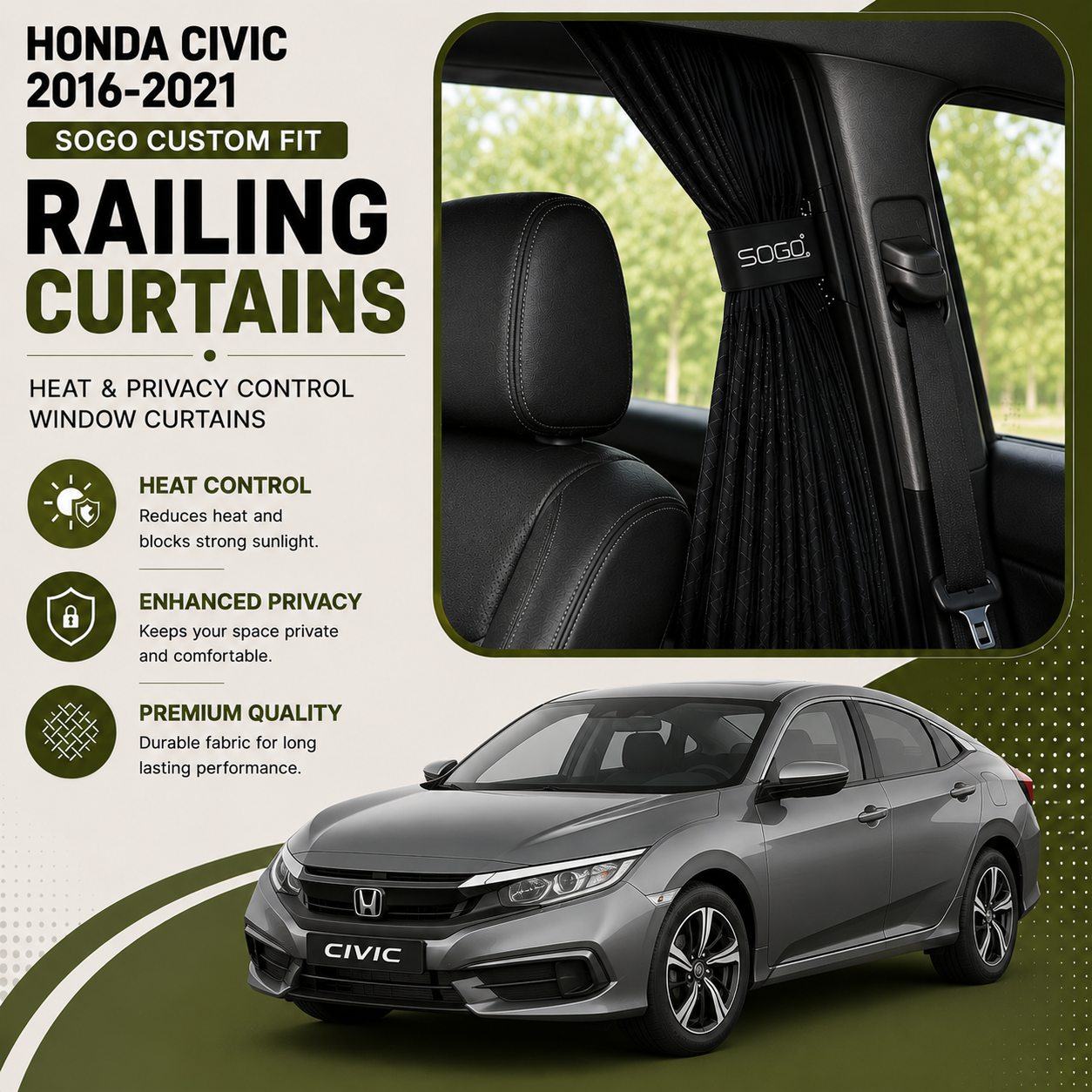 Honda Civic 2016-2021 SOGO Custom Fit Railing Curtains | Heat & Privacy Control Window Curtains
