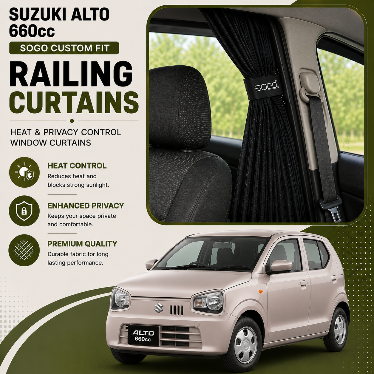 Suzuki Alto 660cc SOGO Custom Fit Railing Curtains | Heat & Privacy Control Window Curtains