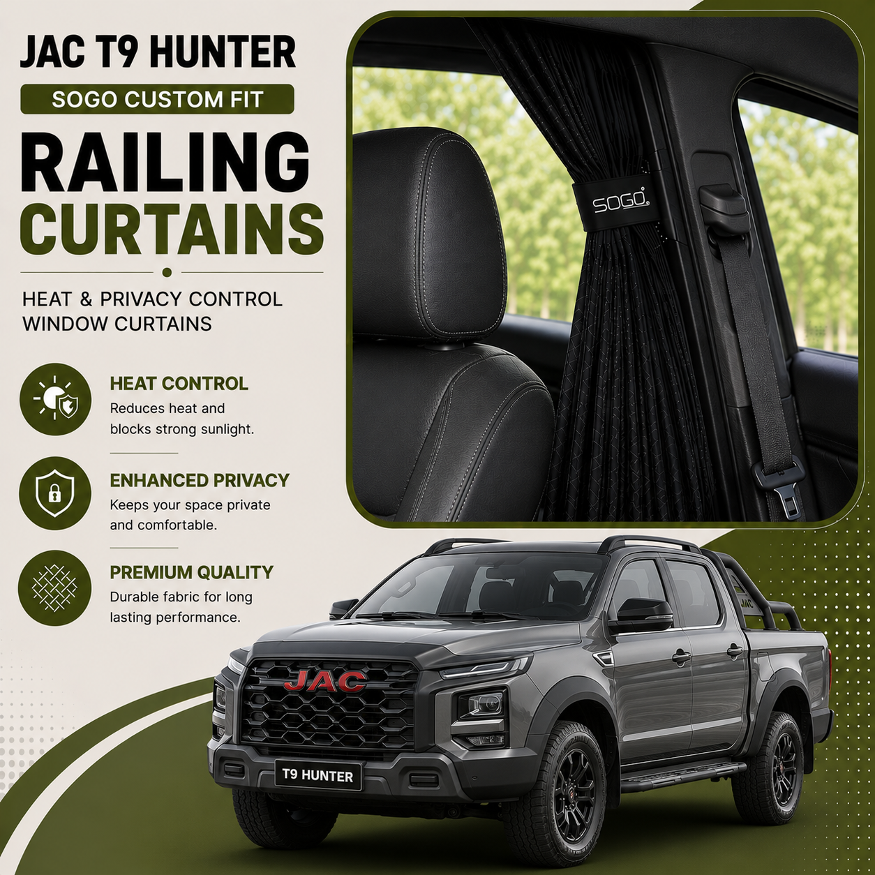 JAC T9 Hunter SOGO Custom Fit Railing Curtains | Heat & Privacy Control Window Curtains
