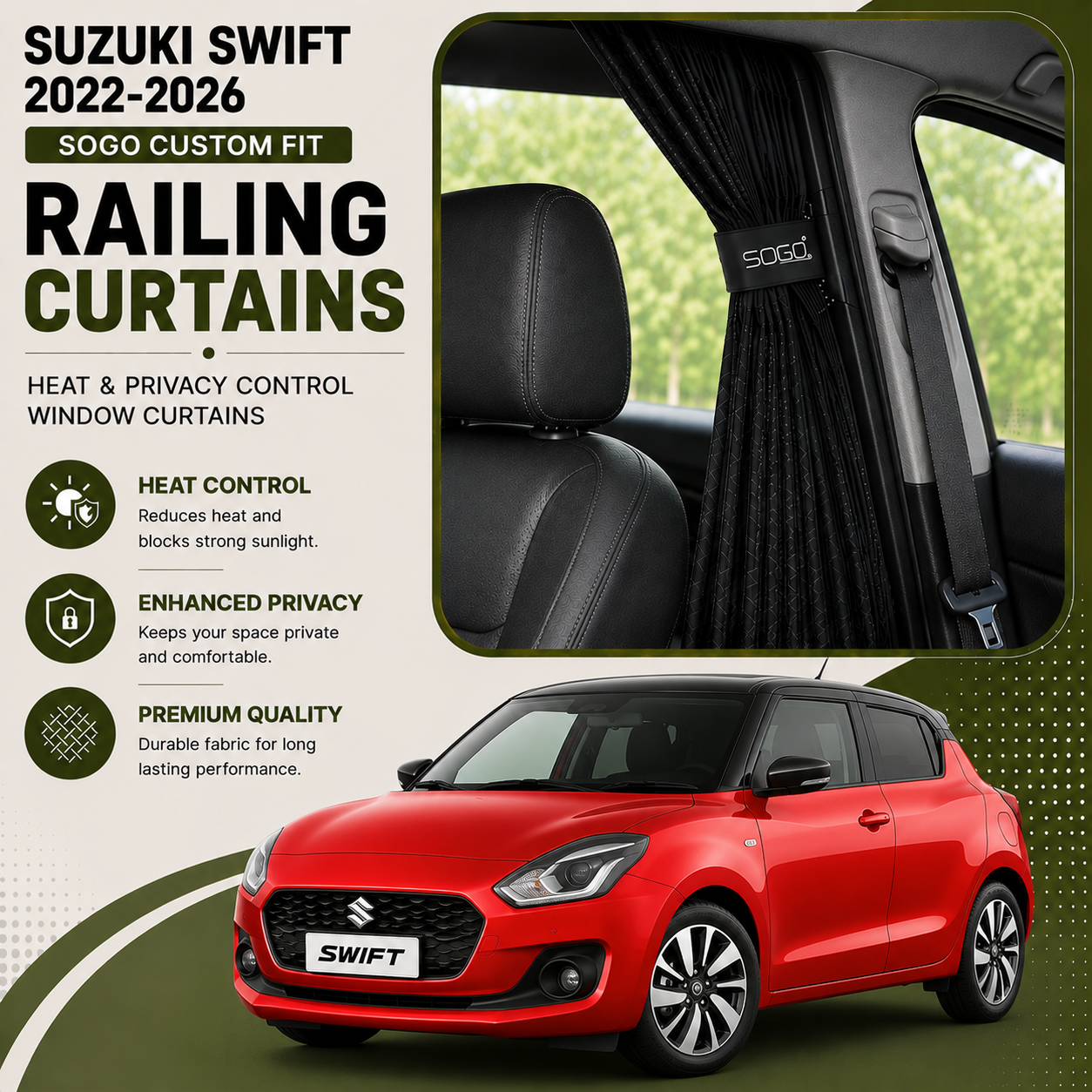 Suzuki Swift 2022-2026 SOGO Custom Fit Railing Curtains | Heat & Privacy Control Window Curtains
