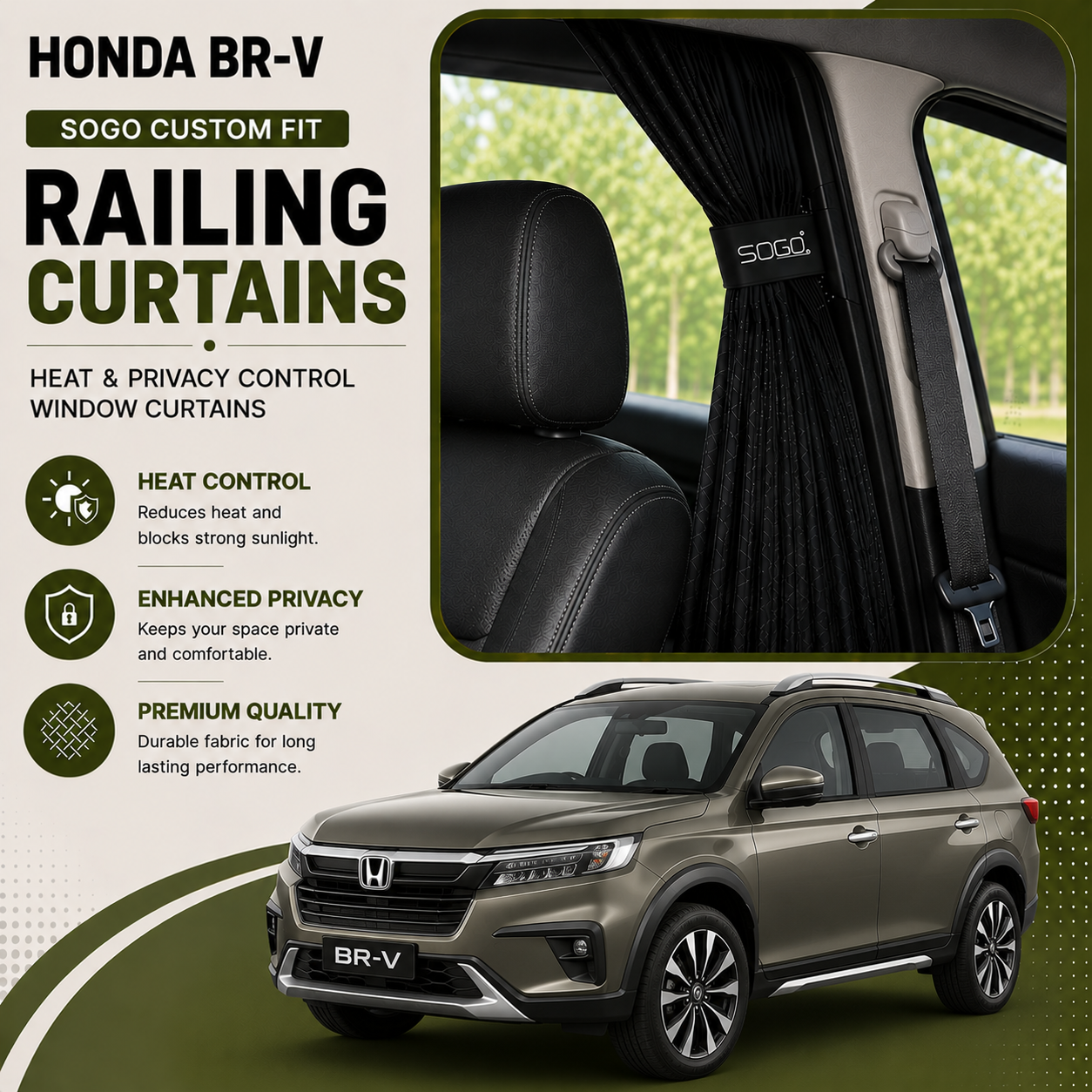 Honda BR-V SOGO Custom Fit Railing Curtains | Heat & Privacy Control Window Curtains