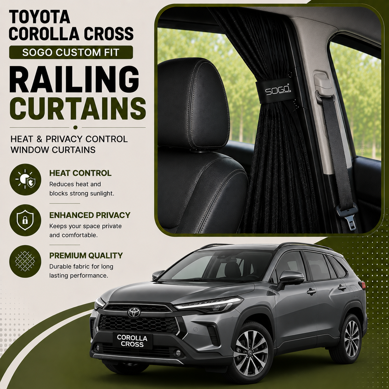 Toyota Corolla Cross SOGO Custom Fit Railing Curtains | Heat & Privacy Control Window Curtains