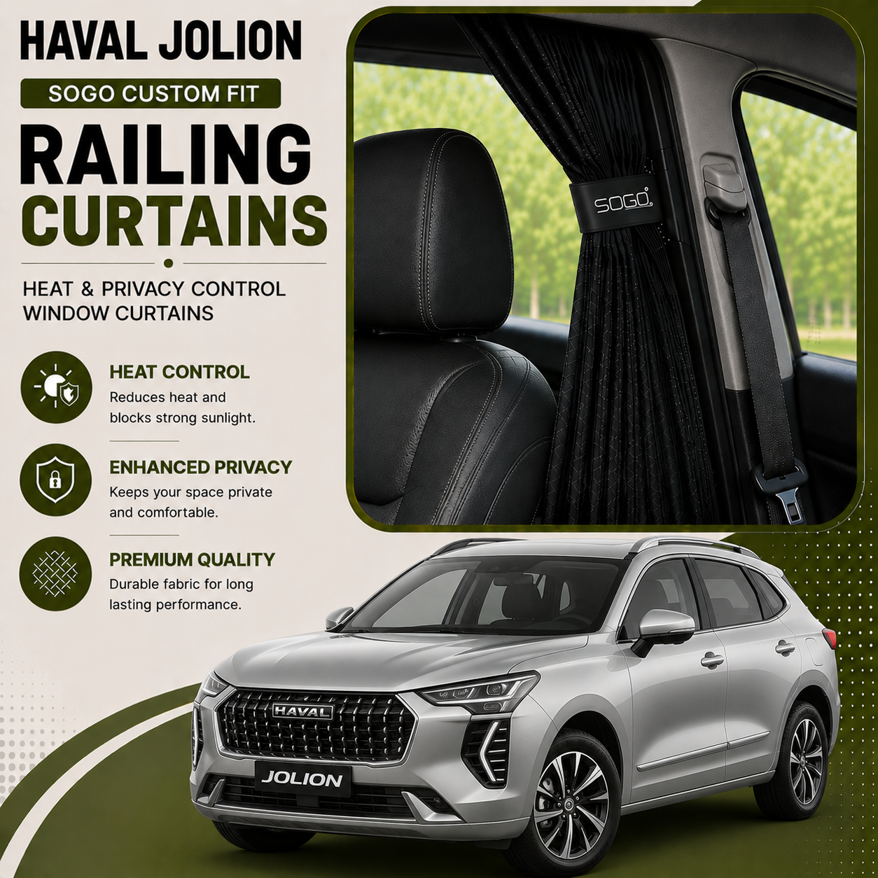 Haval Jolion SOGO Custom Fit Railing Curtains | Heat & Privacy Control Window Curtains
