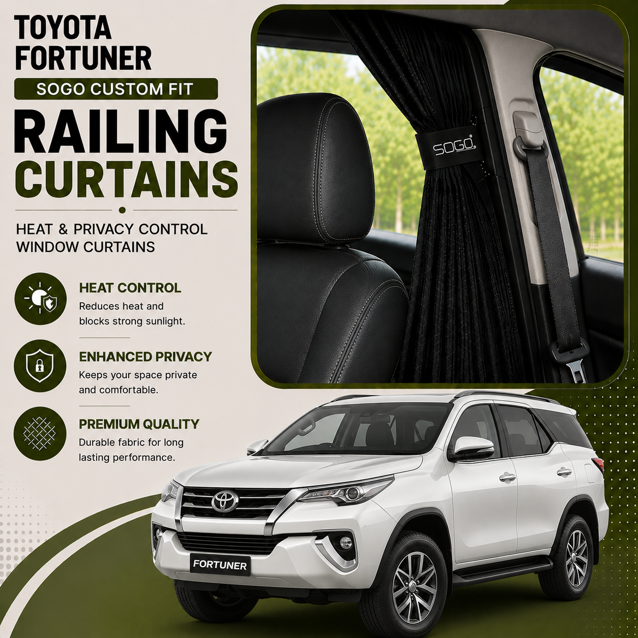 Toyota Fortuner SOGO Custom Fit Railing Curtains | Heat & Privacy Control Window Curtains