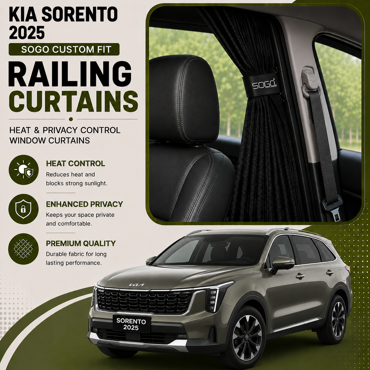 Kia Sorento 2025 SOGO Custom Fit Railing Curtains | Heat & Privacy Control Window Curtains